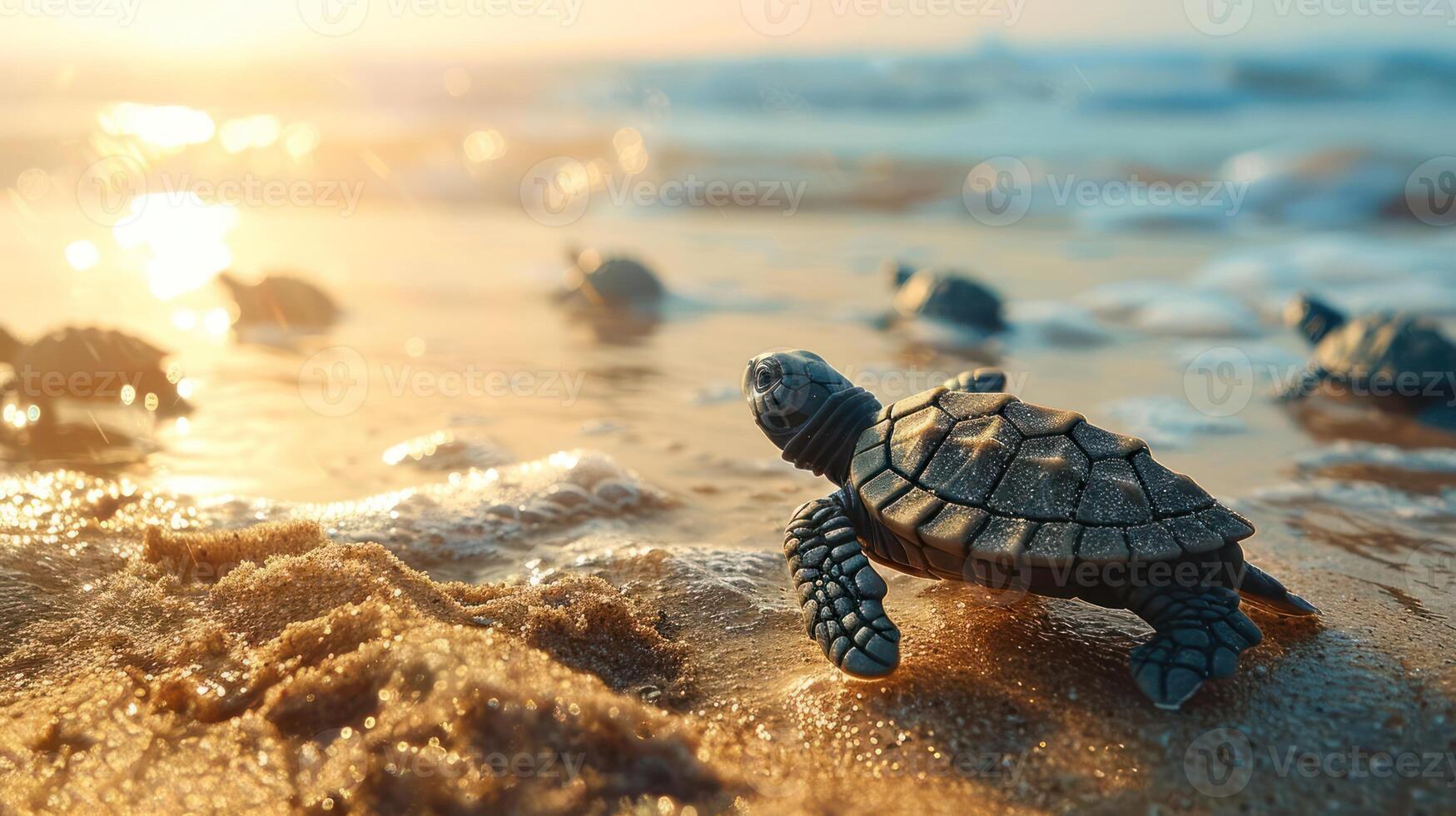 Newborn sea turtles making their way to the ocean at sunrise, with gentle waves and soft sand photo