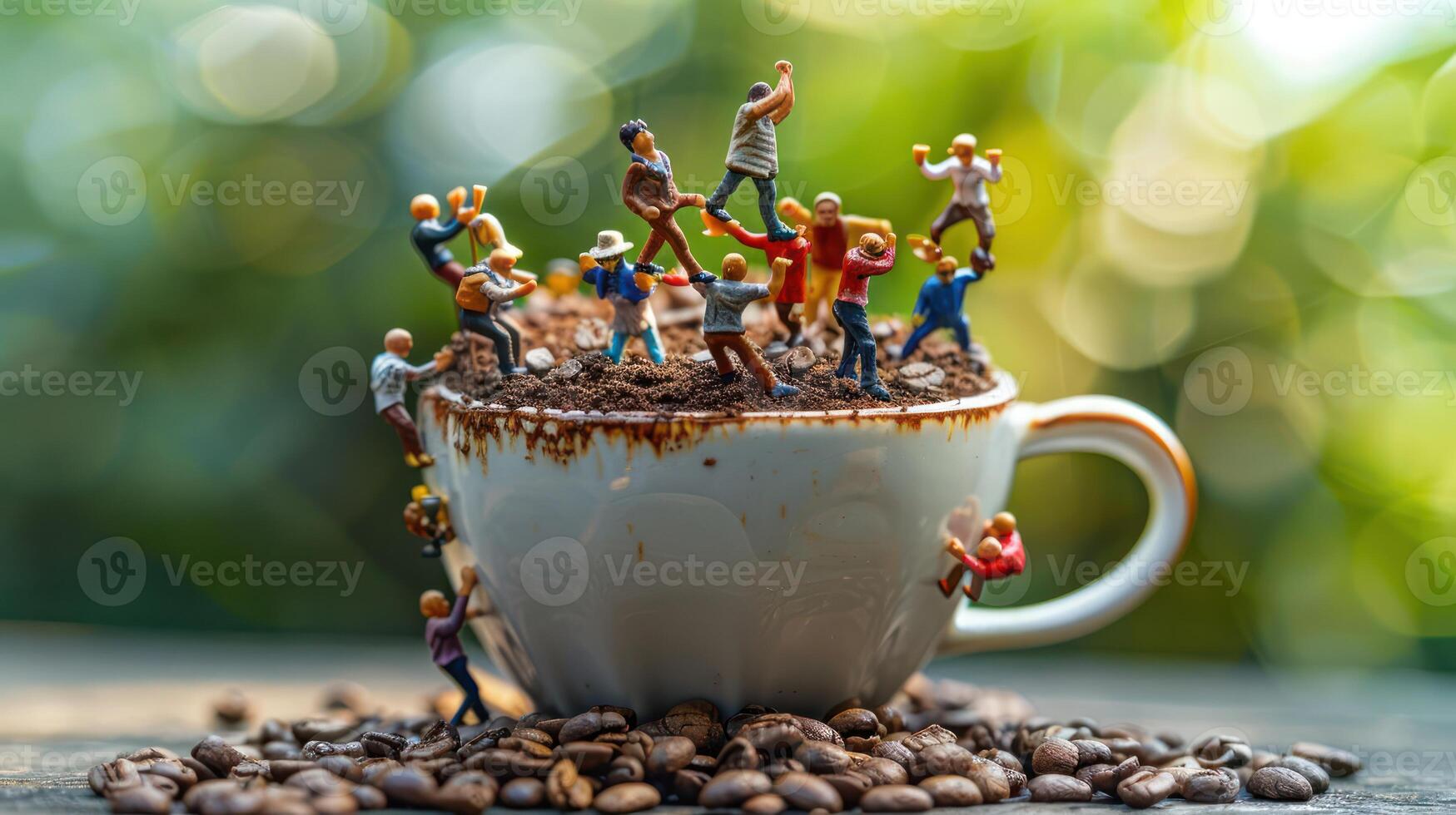 Miniature figures engaged in various activities atop a coffee cup surrounded by coffee beans photo