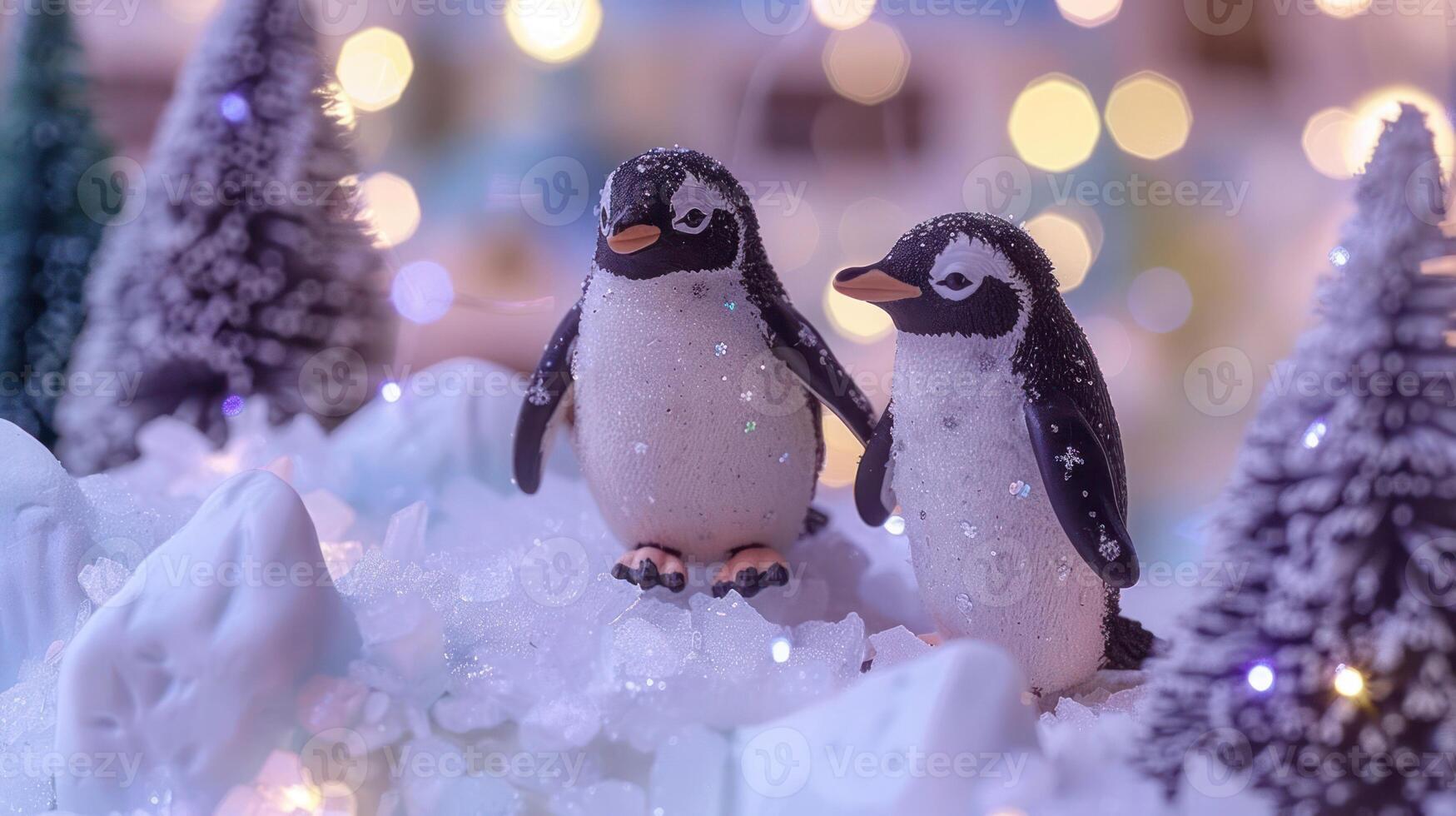 Two adorable penguin figurines standing on snowy terrain surrounded by festive decorations photo