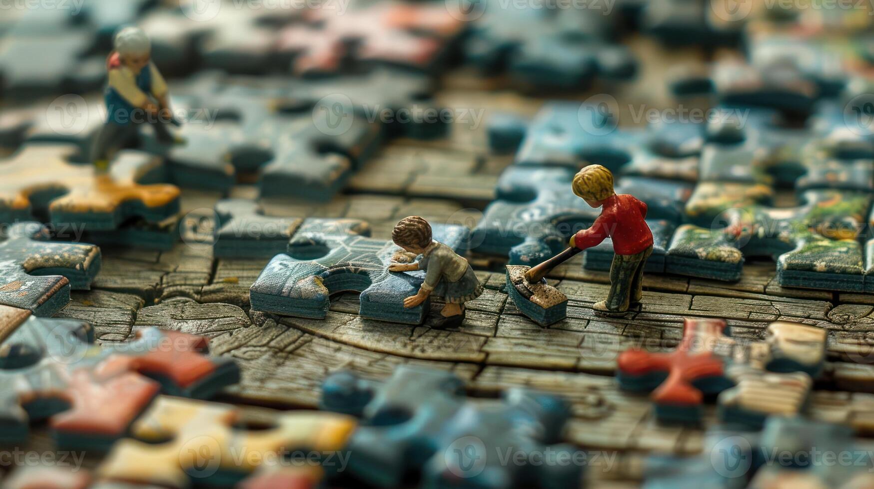Children engaged in puzzle assembly on a wooden table, with scattered pieces around them photo