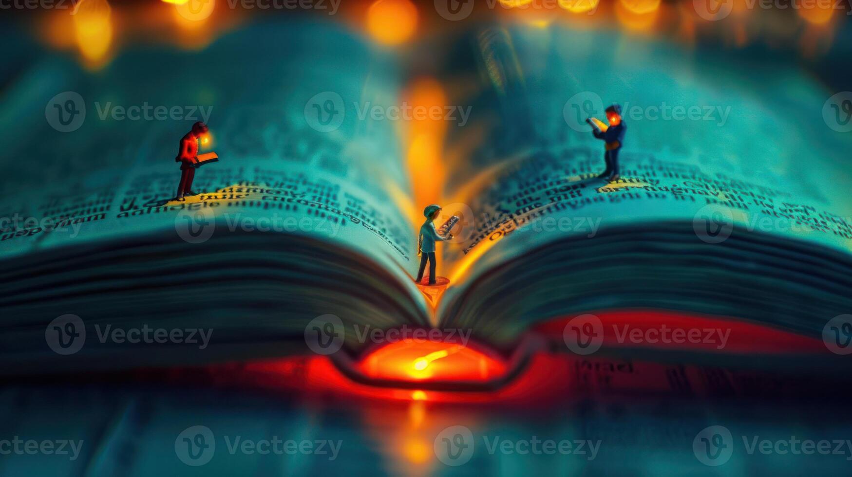 Miniature figures exploring an open book illuminated by warm lights, creating a whimsical scene photo