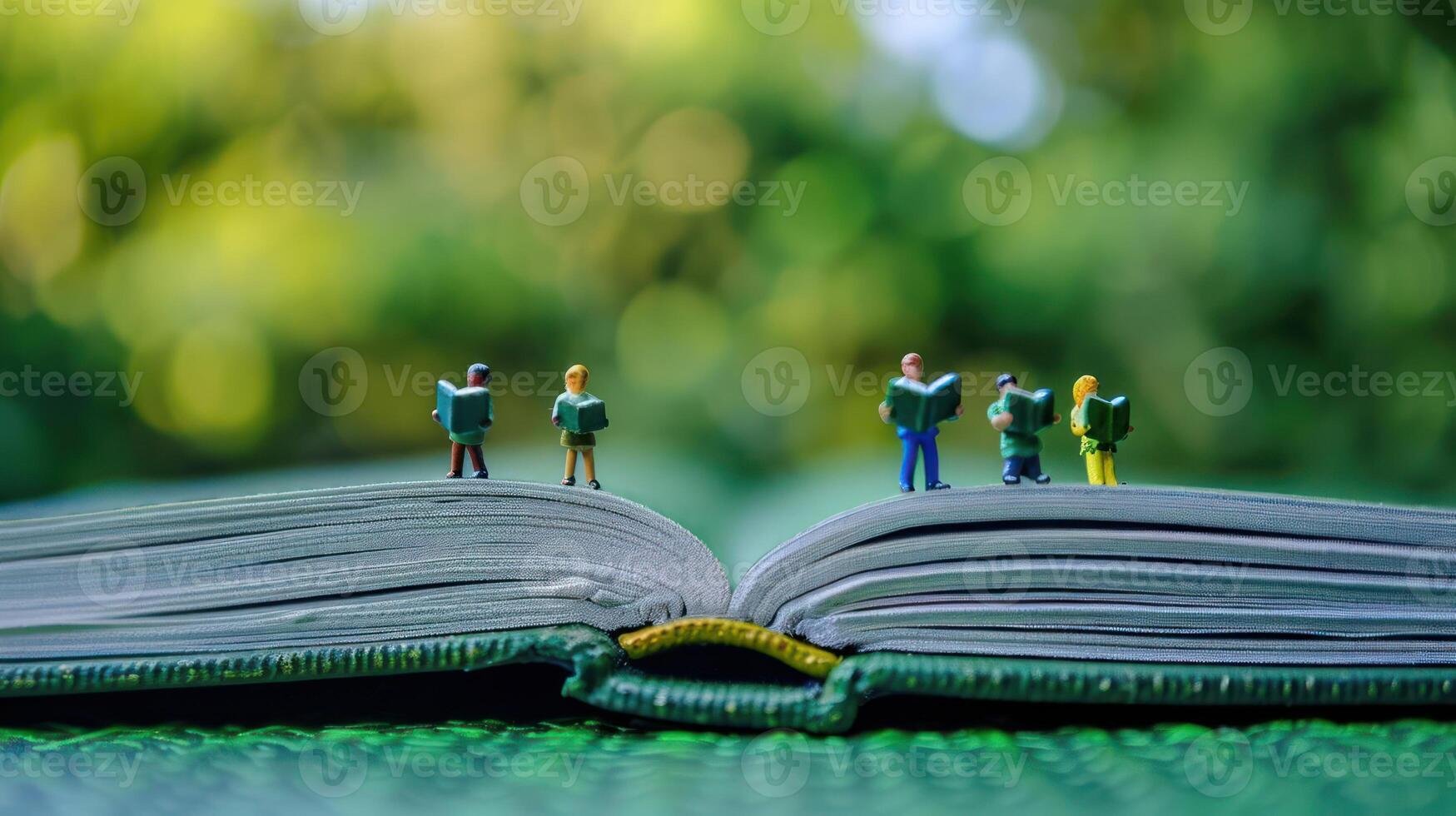 Miniature figures reading on an open book in a lush green outdoor setting, illustrating knowledge photo