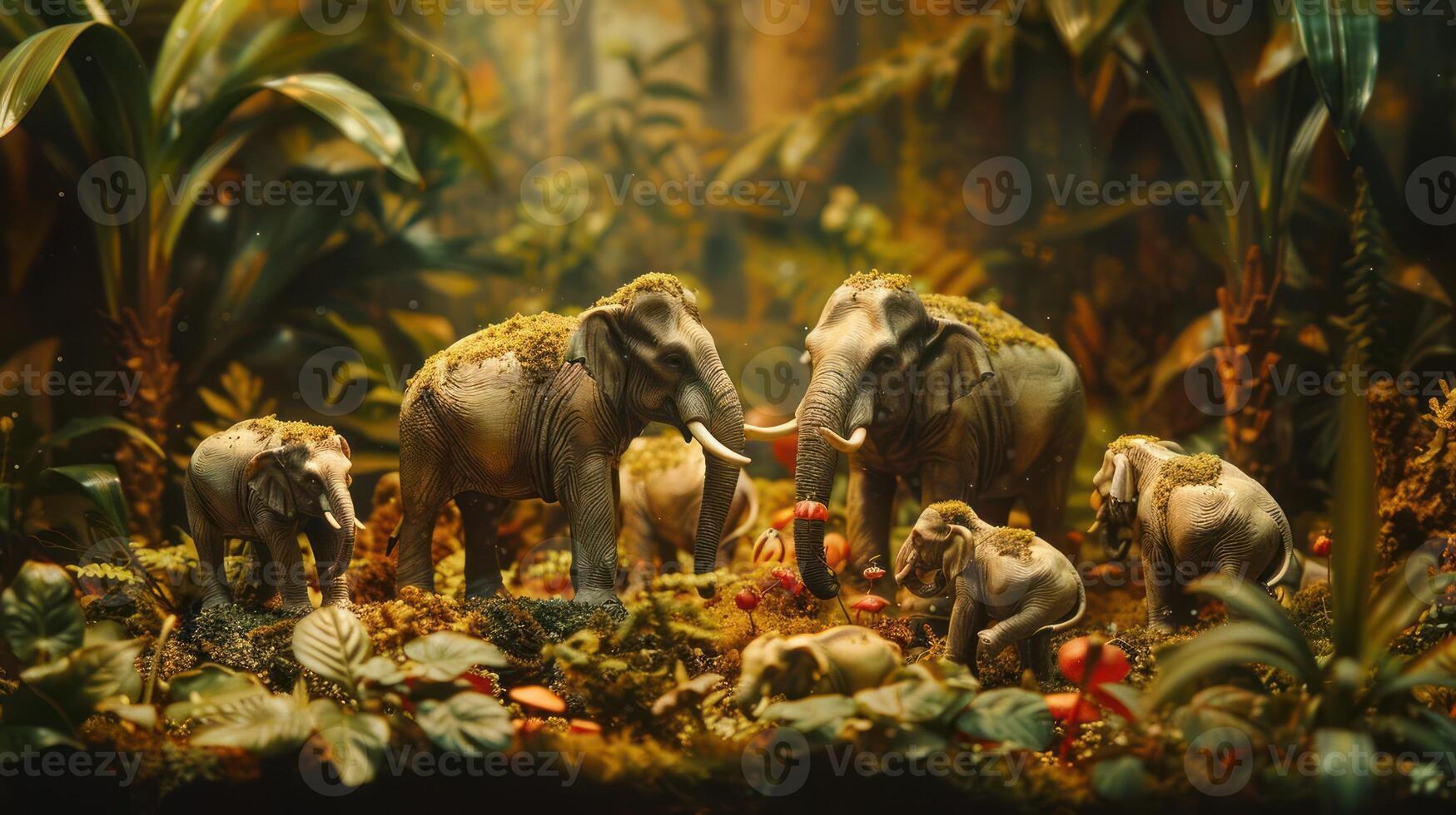 A serene gathering of elephants in a lush, vibrant jungle setting surrounded by foliage and mushrooms photo