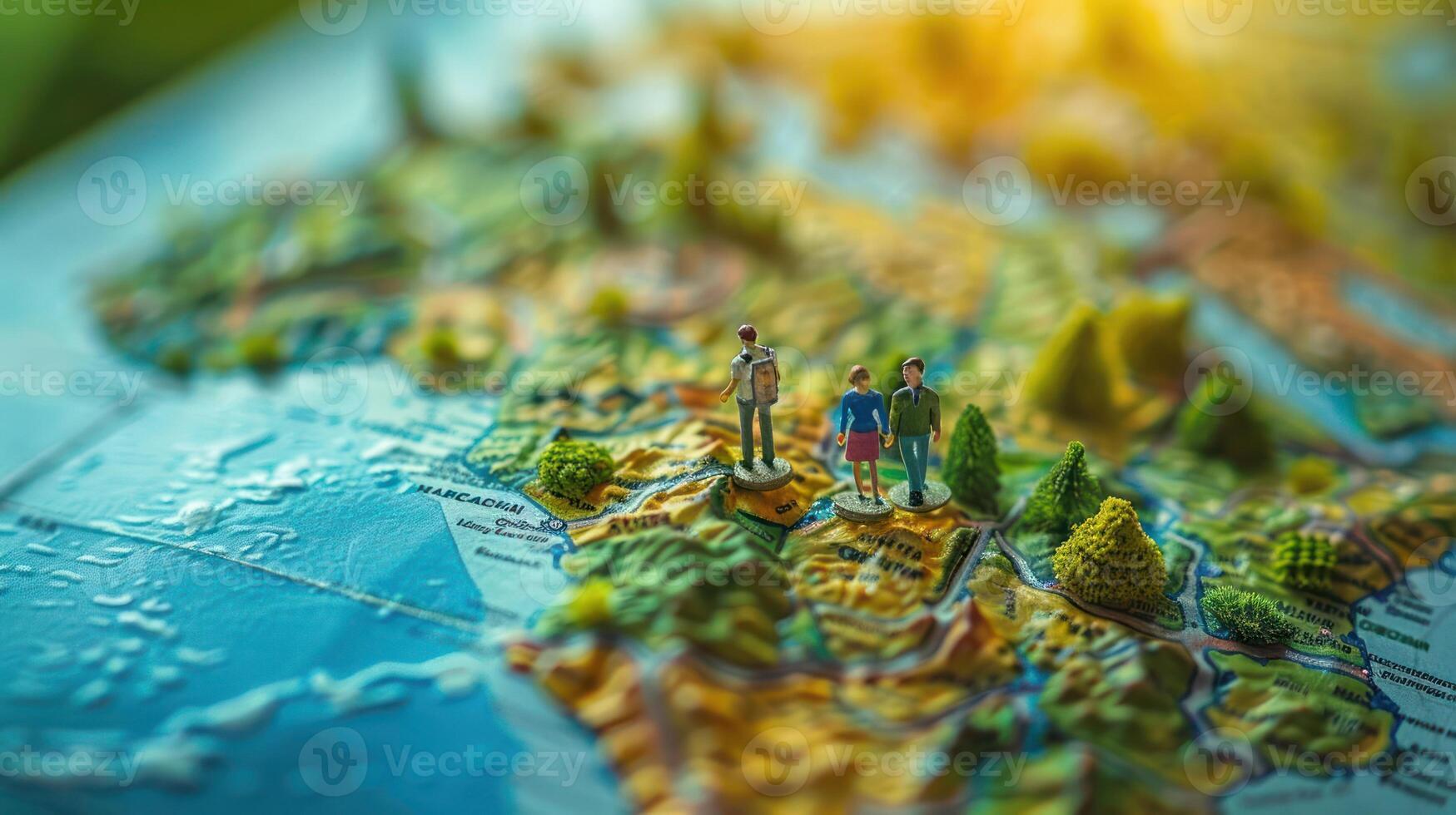Miniature figures exploring a colorful map of a mountainous region with lush greenery photo