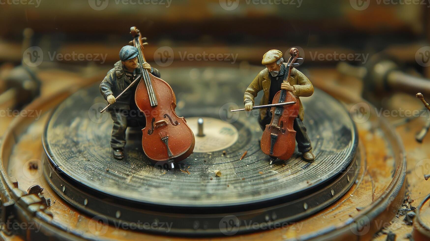 Miniature musicians playing cellos on a vintage turntable amidst a dusty, nostalgic setting photo