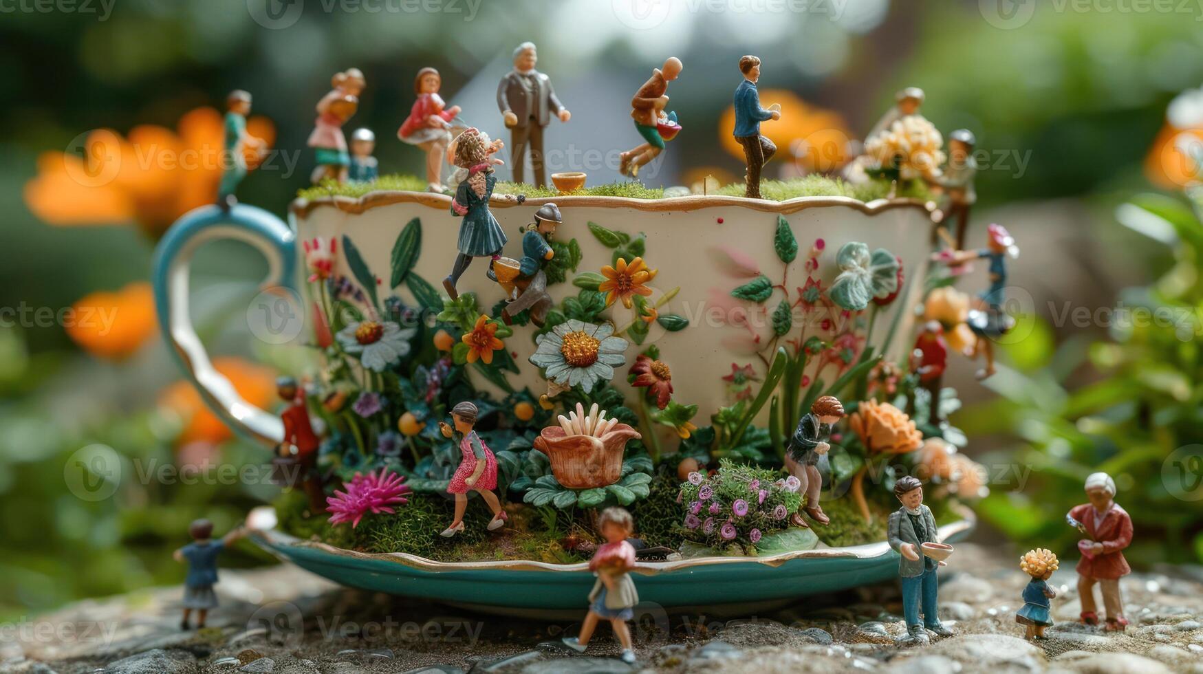 Miniature figures engaging in various activities atop a floral teacup in a vibrant garden setting photo