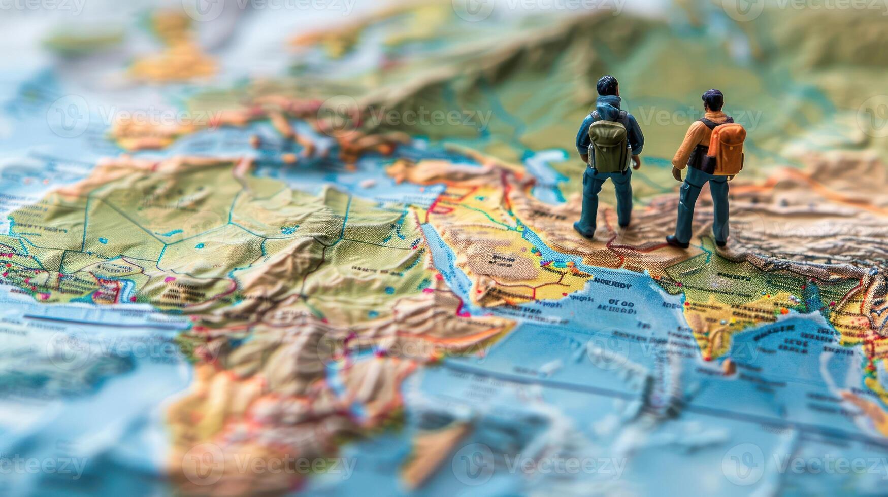 Two miniature hikers exploring a detailed map of Asia surrounded by Two miniature hikers exploring a detailed map of Asia surrounded by