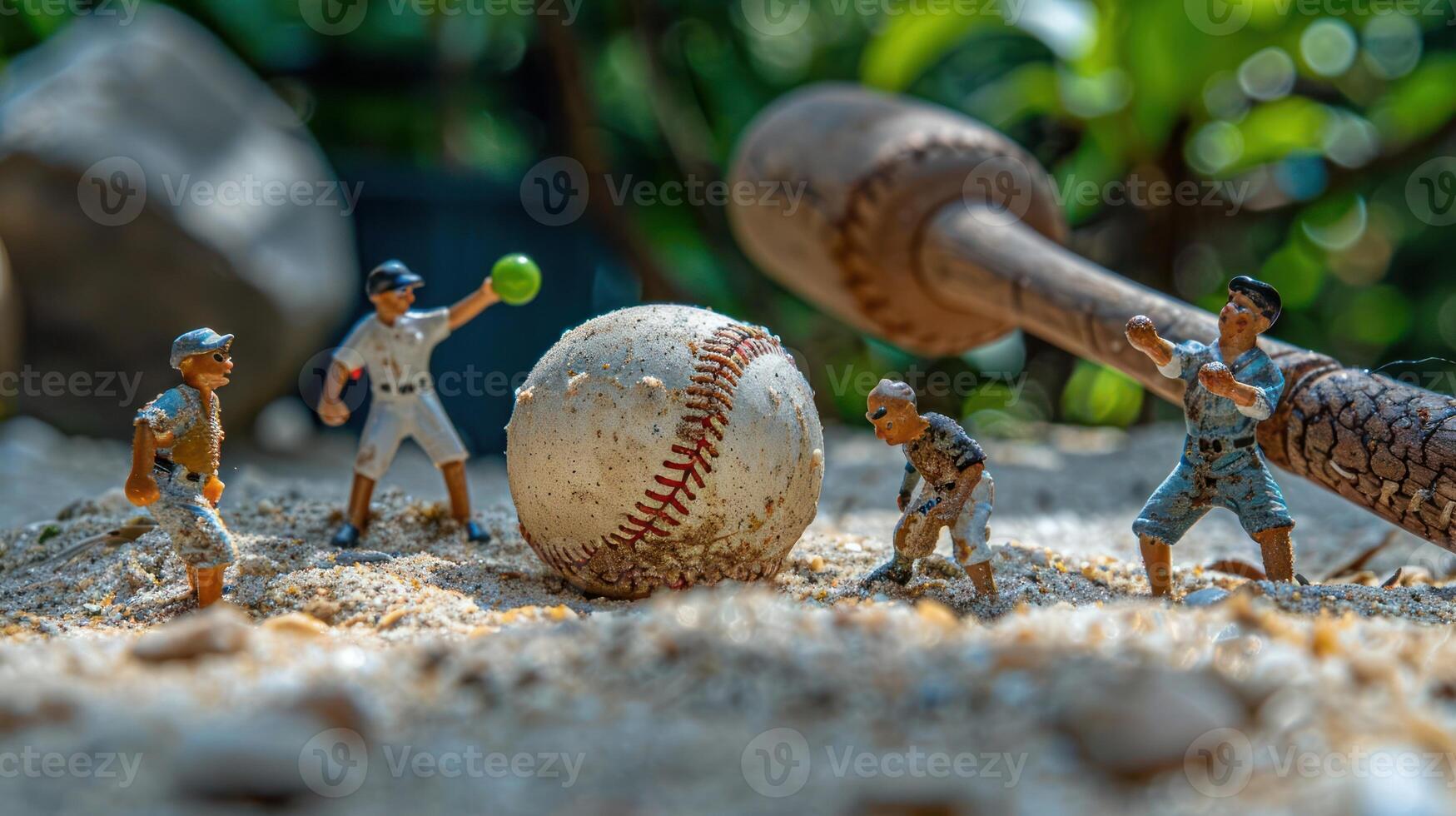 Miniature baseball players engage in a playful game on sandy terrain with a bat nearby photo