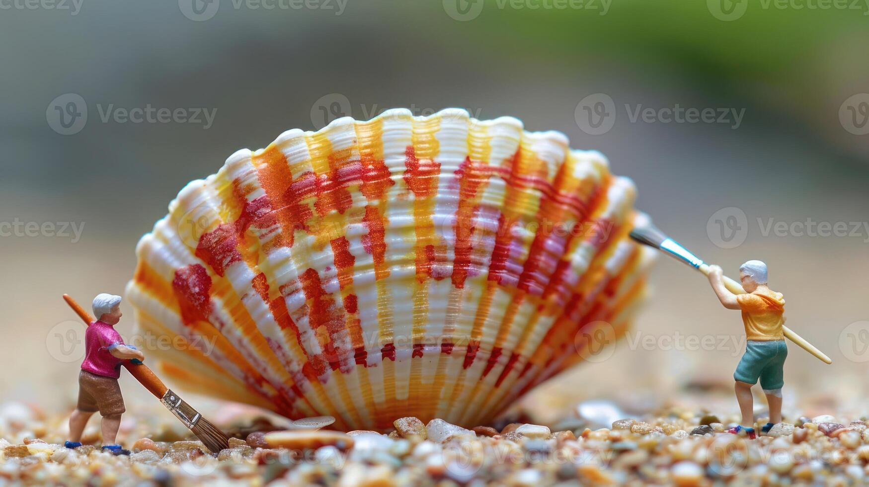 Miniature figures painting a large seashell on a sandy beach with blurred greenery in the background photo