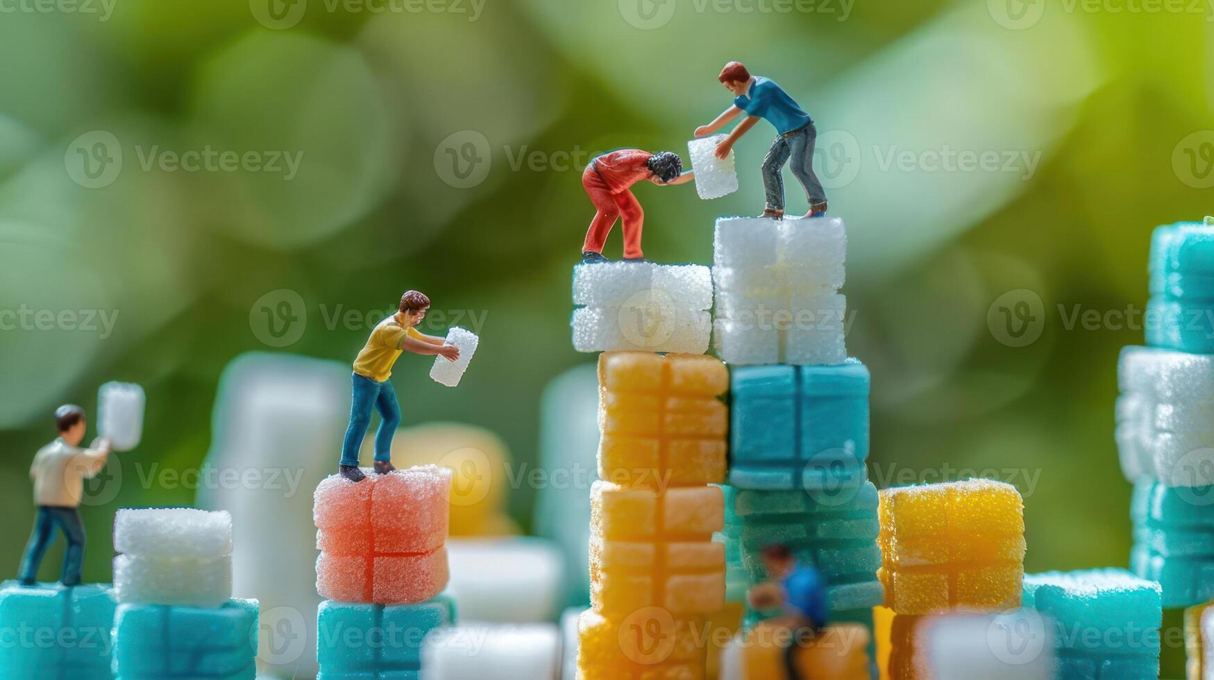 Miniature figures stacking sugar cubes in a vibrant outdoor setting with blurred greenery photo