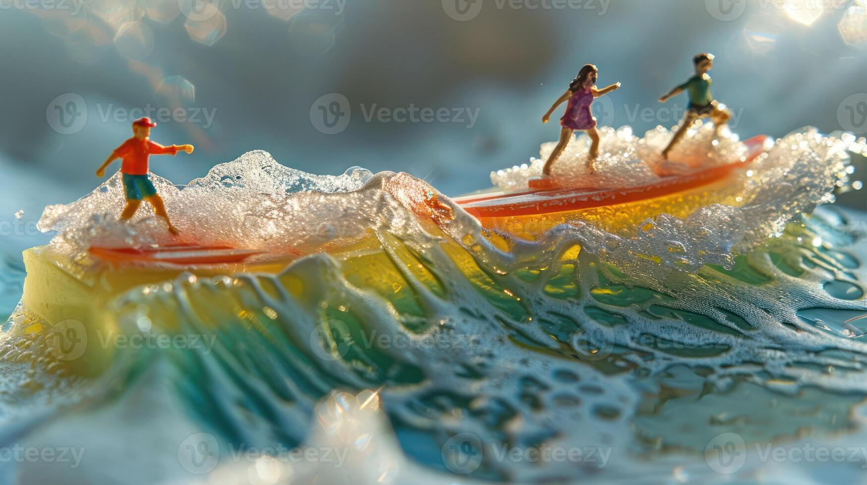 Miniature surfers riding vibrant waves in a dynamic ocean scene, showcasing playful summer fun photo