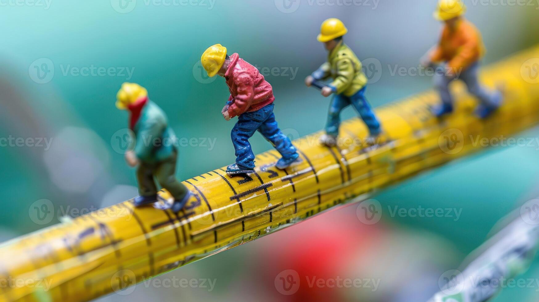 Miniature construction workers measuring a ruler in a vibrant outdoor setting with greenery photo
