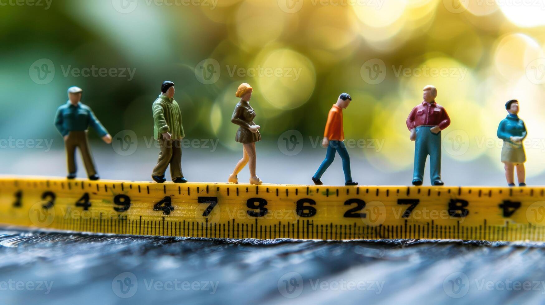 Miniature figures walking along a measuring tape in a natural setting with blurred greenery photo