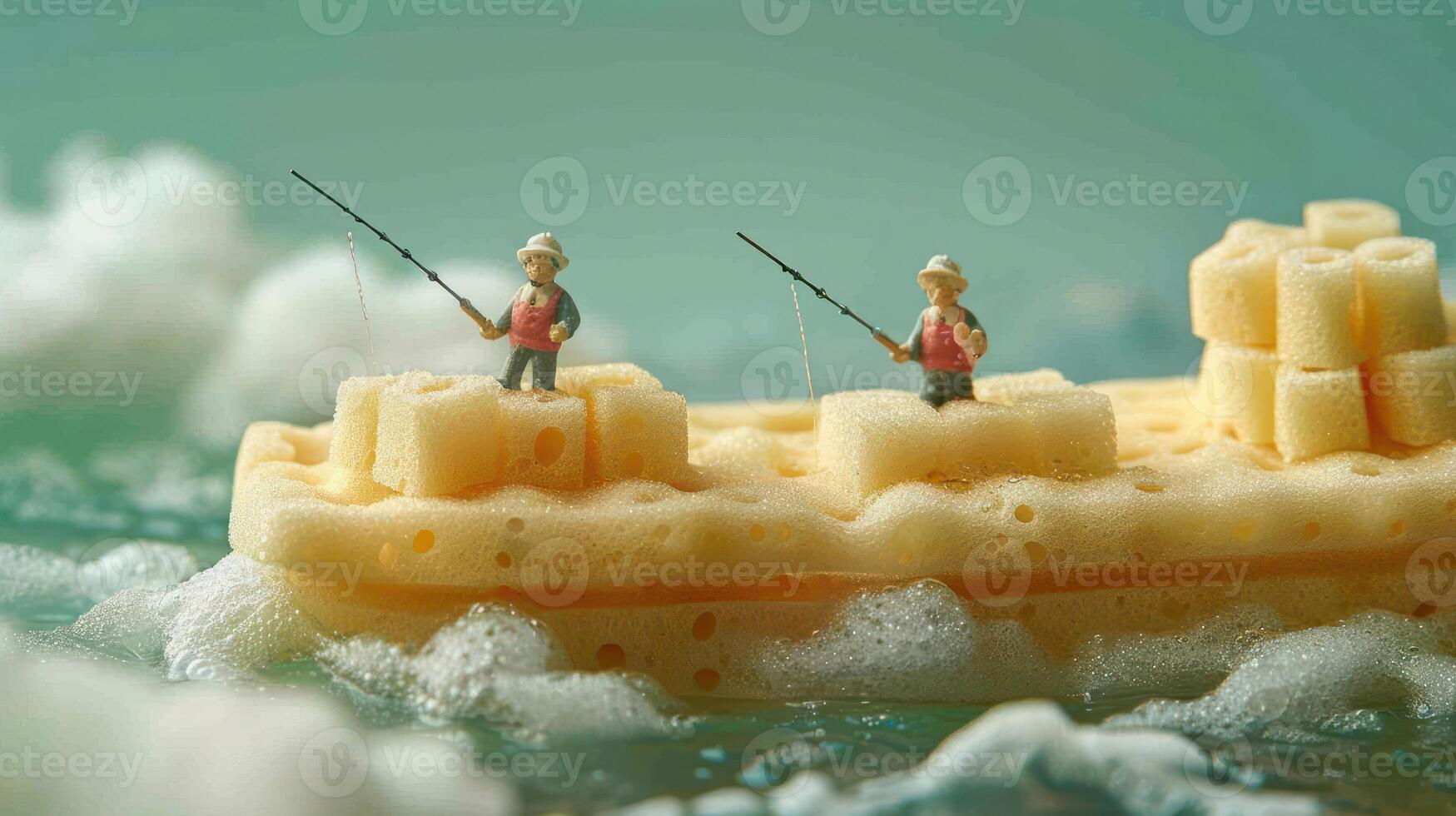 Miniature fishermen on a sponge boat casting lines in a whimsical, bubbly sea setting photo