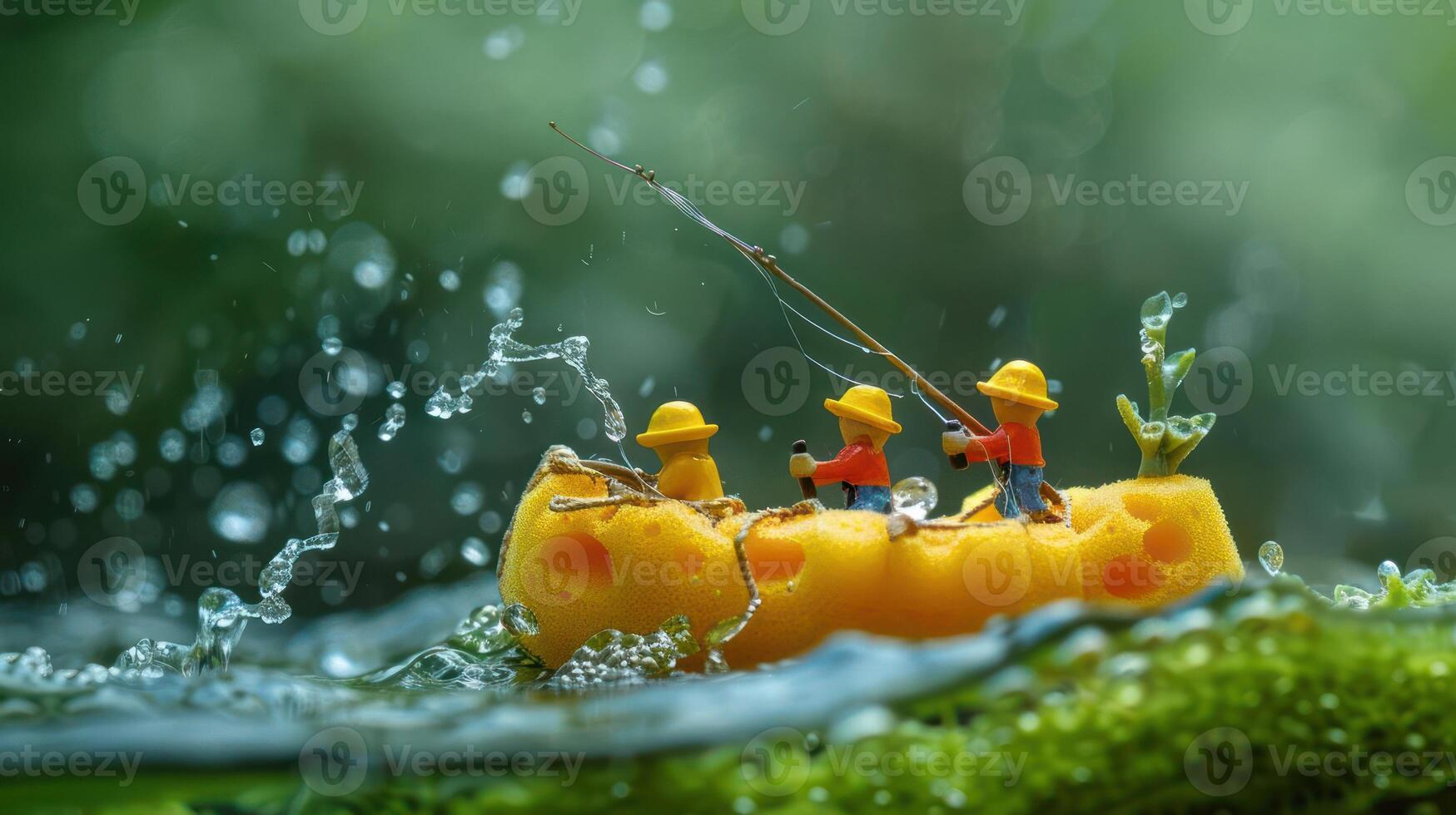 Miniature fishermen in a cheese boat casting lines in a vibrant, watery environment with splashes photo