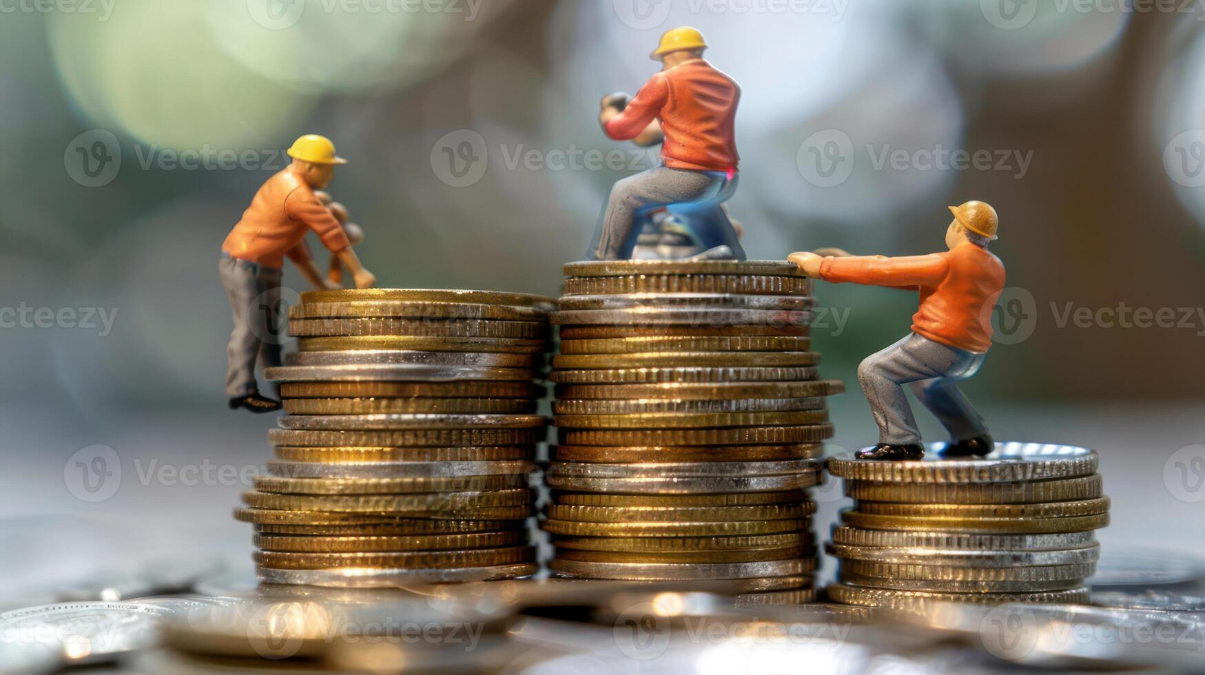 Miniature construction workers stacking coins to symbolize financial growth and investment photo
