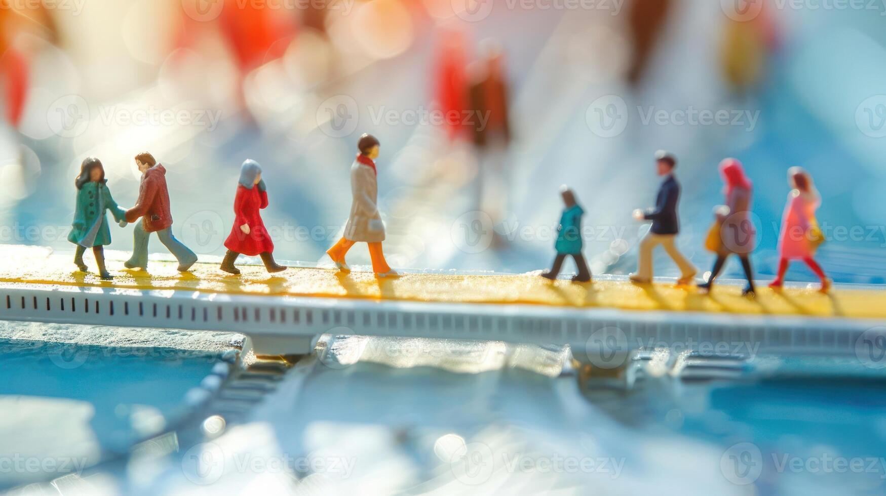 Miniature figures walking on a bridge over a blurred background of a vibrant cityscape photo