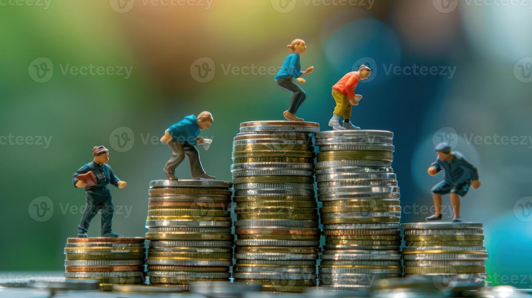 Miniature figures climbing stacks of coins, symbolizing financial growth and ambition photo