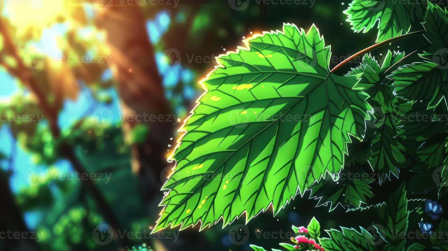 Vibrant green leaf illuminated by sunlight in a lush forest, showcasing nature's beauty photo