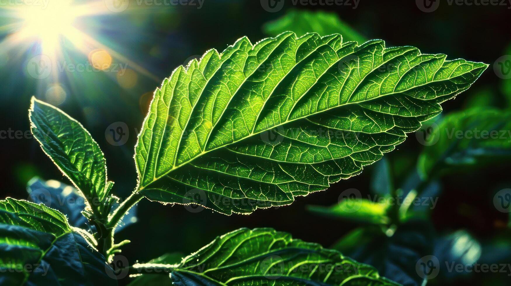 Close-up of vibrant green leaves illuminated by sunlight in a lush natural setting photo