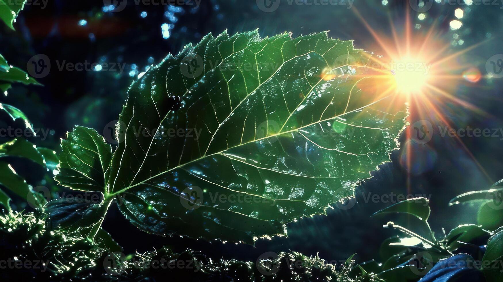 Sunlight filtering through lush green leaves in a vibrant forest setting, highlighting nature's beauty photo