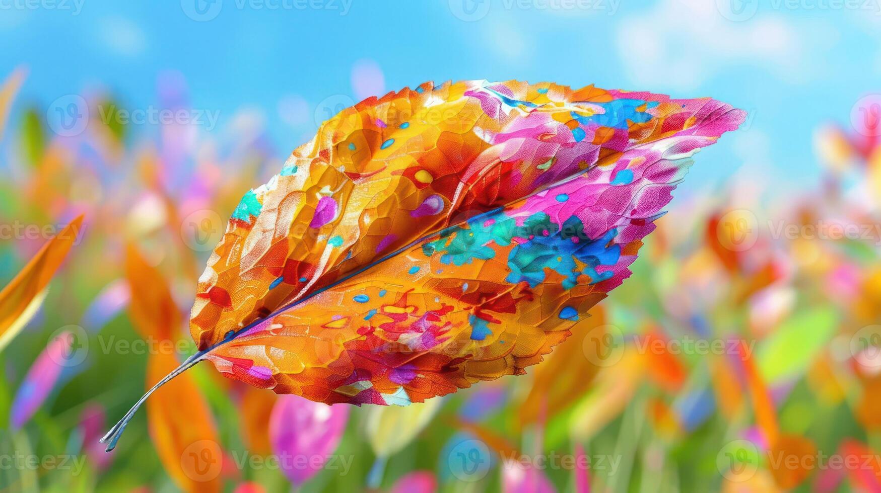 Vibrant autumn leaf floating amidst a colorful flower field under a bright blue sky photo