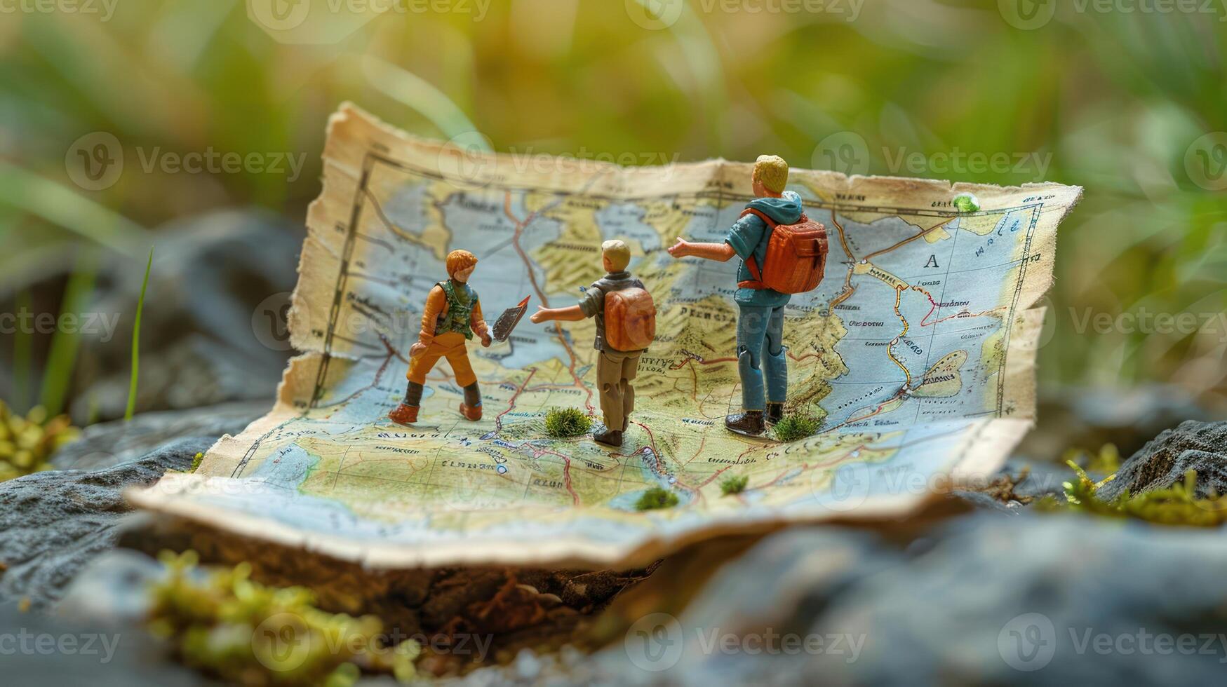 Miniature hikers examining a vintage map in a lush outdoor setting surrounded by rocks photo
