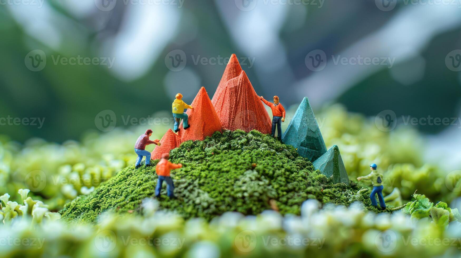 Miniature climbers scaling colorful peaks on a lush green landscape with blurred foliage background photo