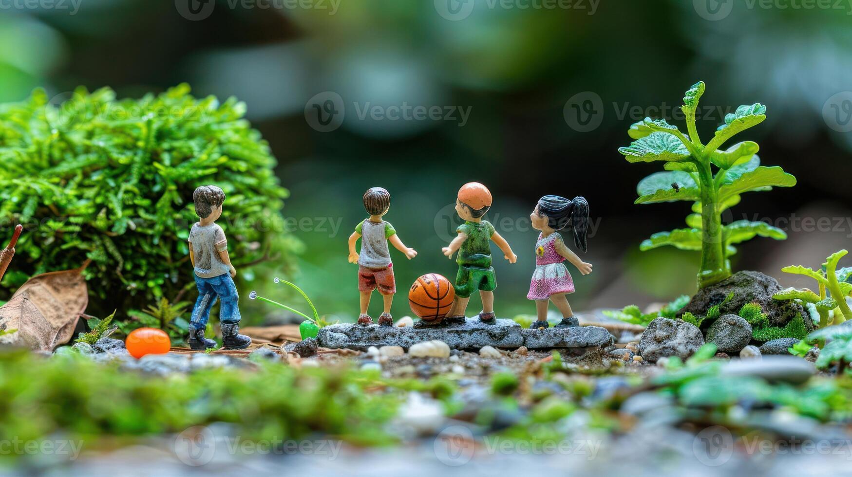 Miniature children playing basketball in a lush green garden with vibrant plants and stones photo