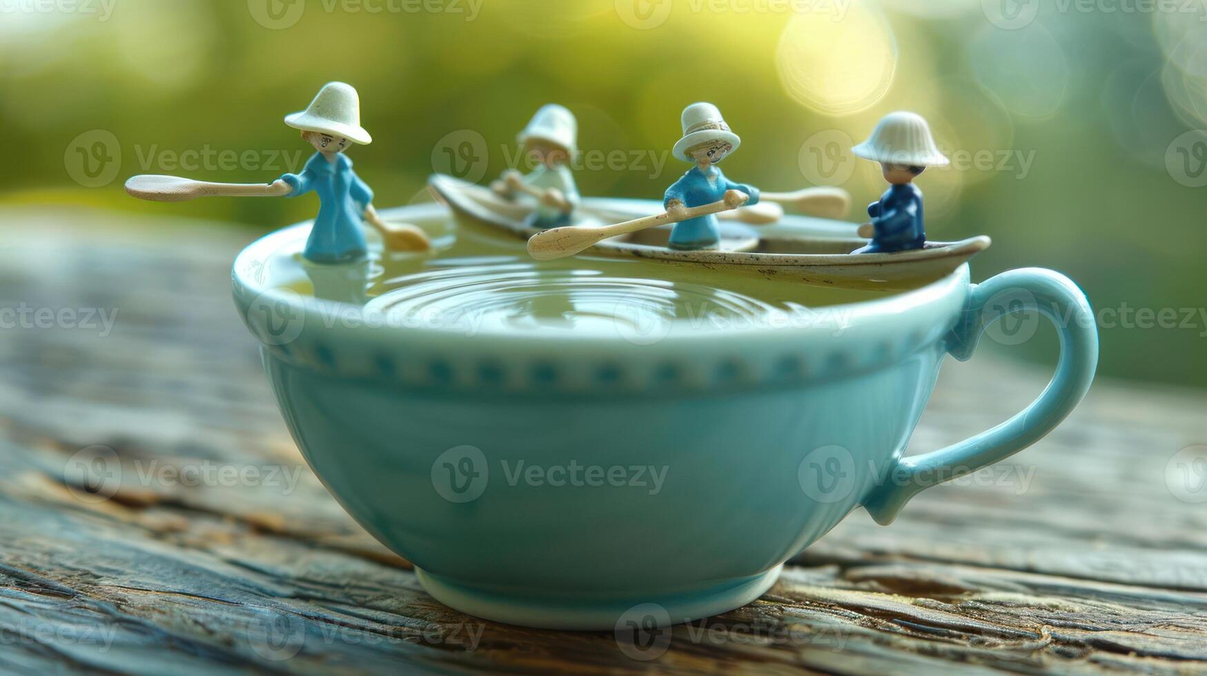 Miniature figures rowing in a large teacup on a wooden surface with a blurred natural background photo