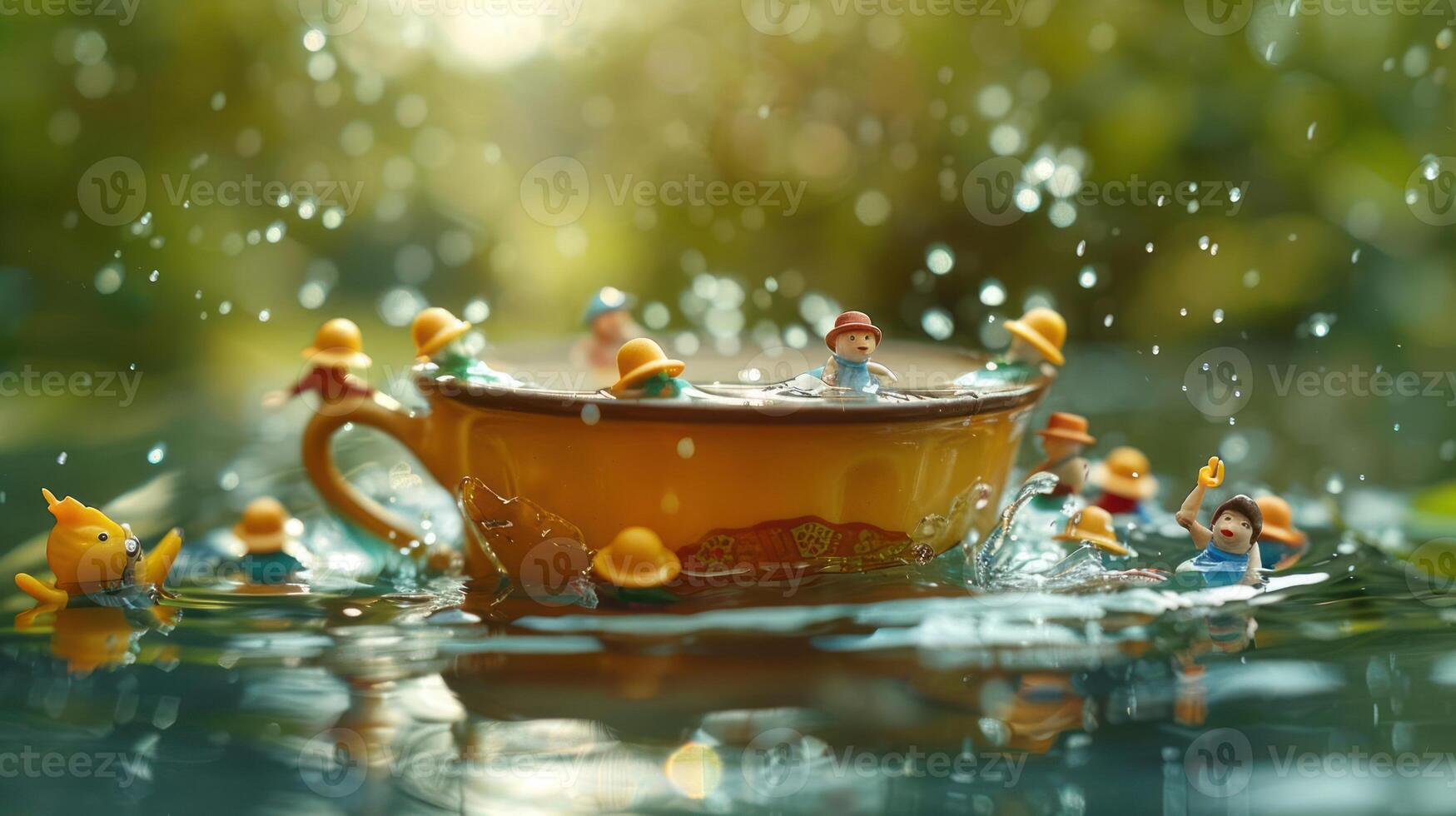 Miniature figures playfully splash in a large teacup amidst a serene, nature-inspired backdrop photo