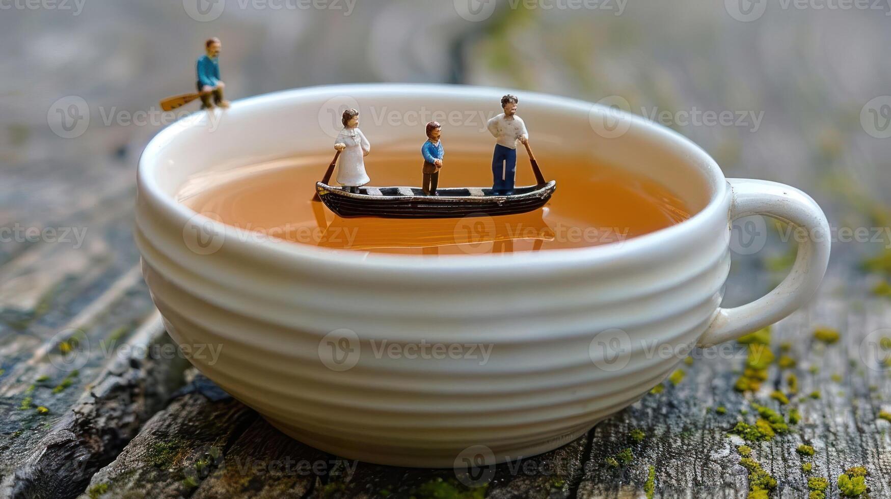 Miniature figures rowing in a cup of tea on a wooden surface, showcasing a whimsical scene photo