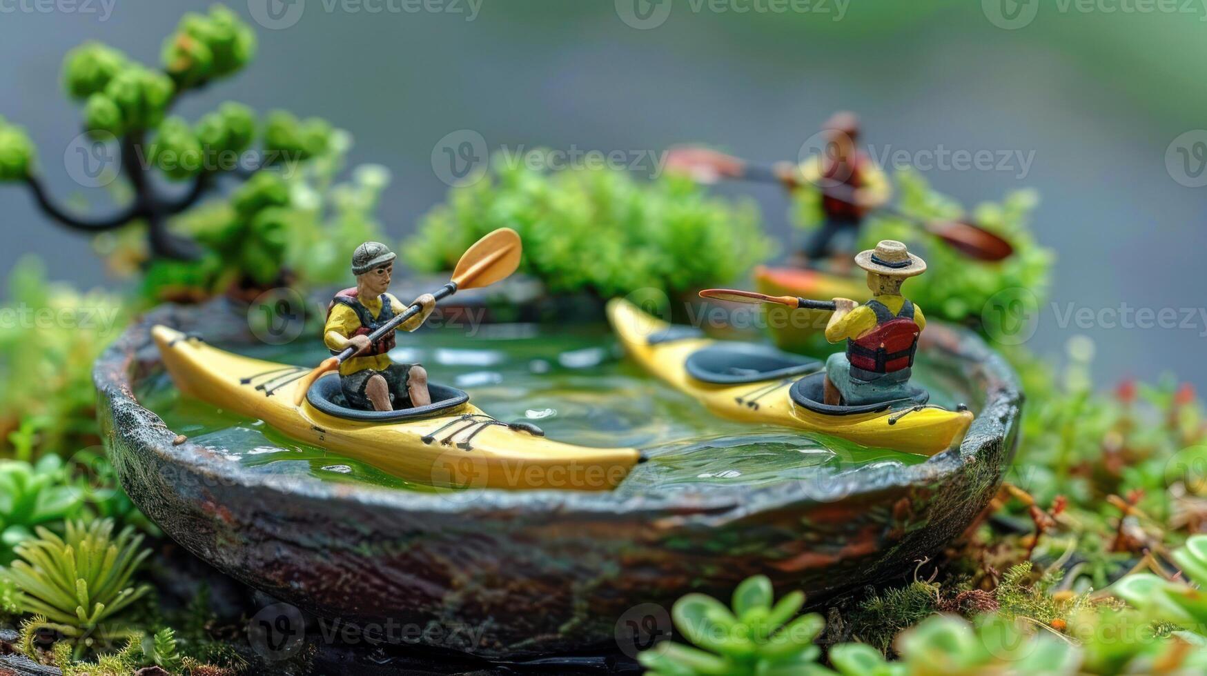 Miniature kayakers navigating a tranquil pond surrounded by lush greenery and miniature plants photo