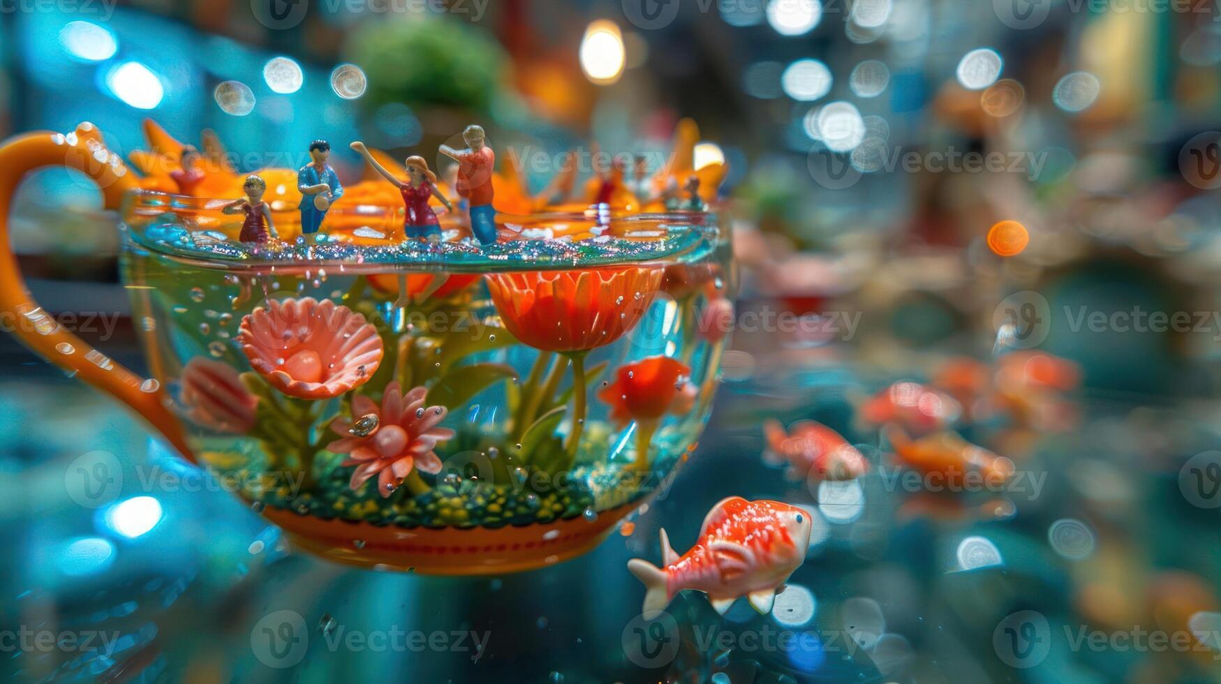 Colorful miniature figures and fish in a decorative cup filled with water, in a vibrant market setting photo