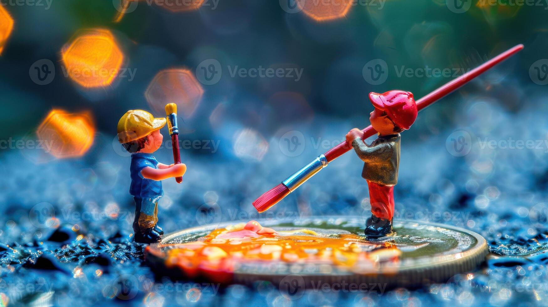 Miniature figures painting a vibrant scene on a coin with a blurred, colorful background photo