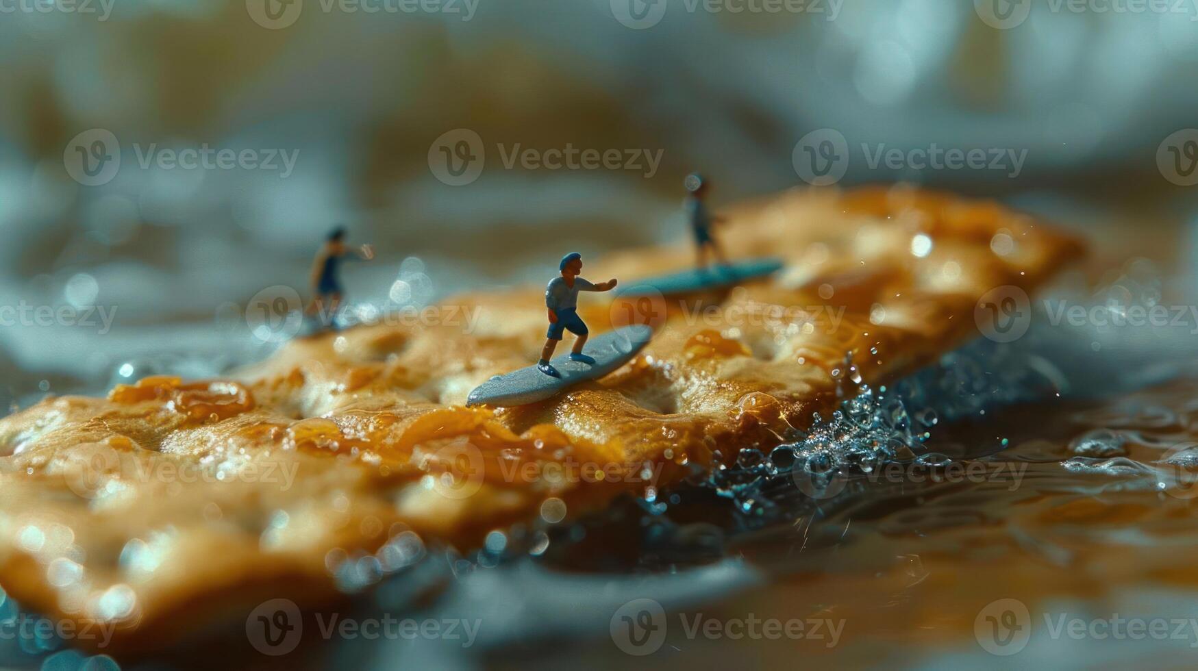 Miniature surfers riding a cracker wave in a playful, whimsical ocean setting photo