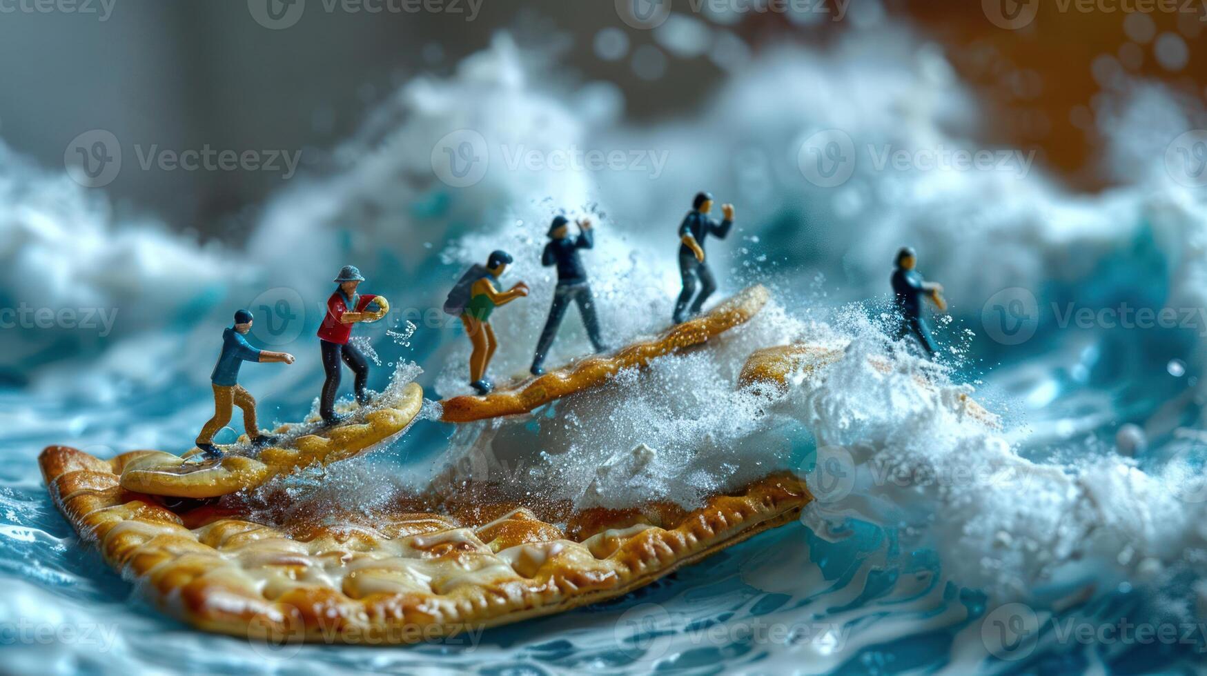 Miniature figures surfing on a giant cracker amidst crashing waves in a playful, surreal scene photo