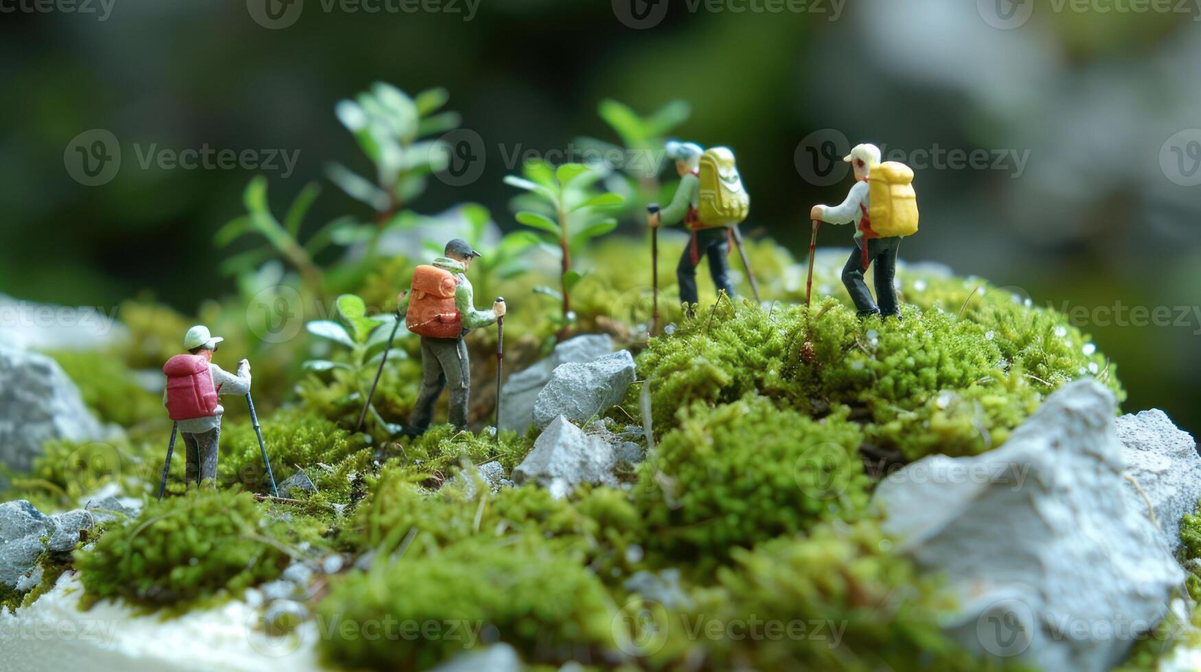 Miniature hikers exploring a lush mossy landscape with small plants and rocks in a serene setting photo