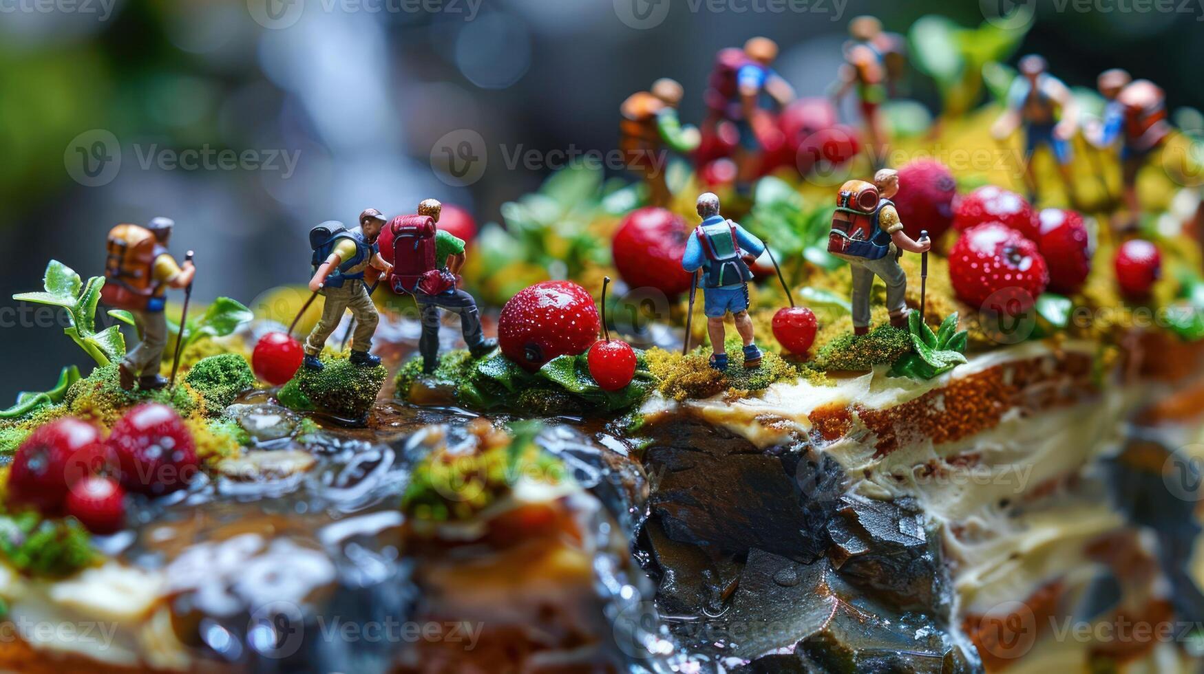 Miniature hikers exploring a vibrant cake landscape adorned with berries and greenery photo