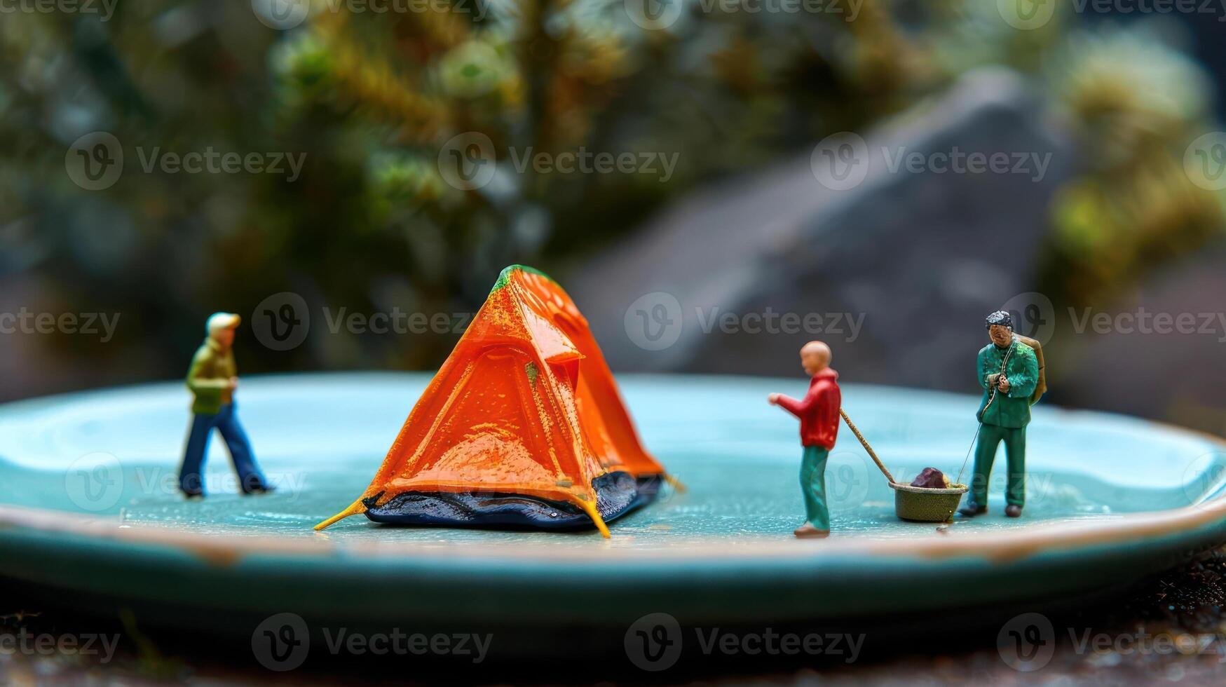 Miniature camping scene with colorful tent and figures on a plate surrounded by nature photo
