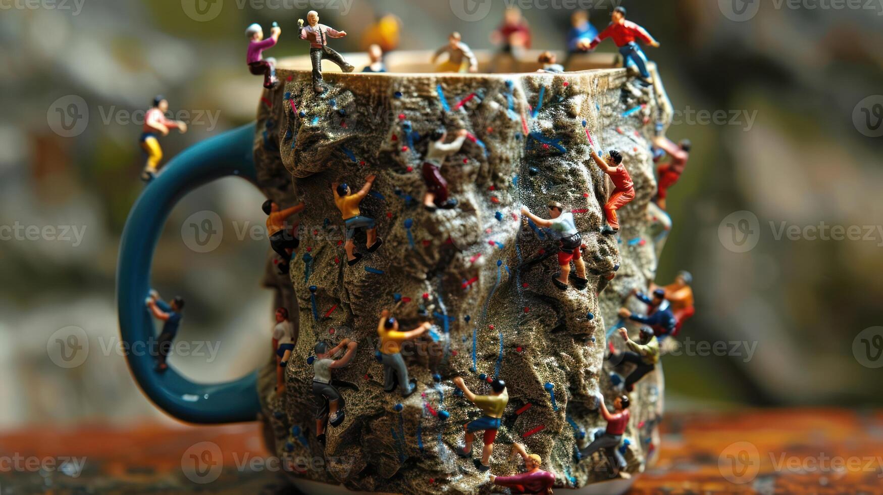 A uniquely designed climbing mug with miniature climbers scaling its textured surface, set against a blurred natural background photo