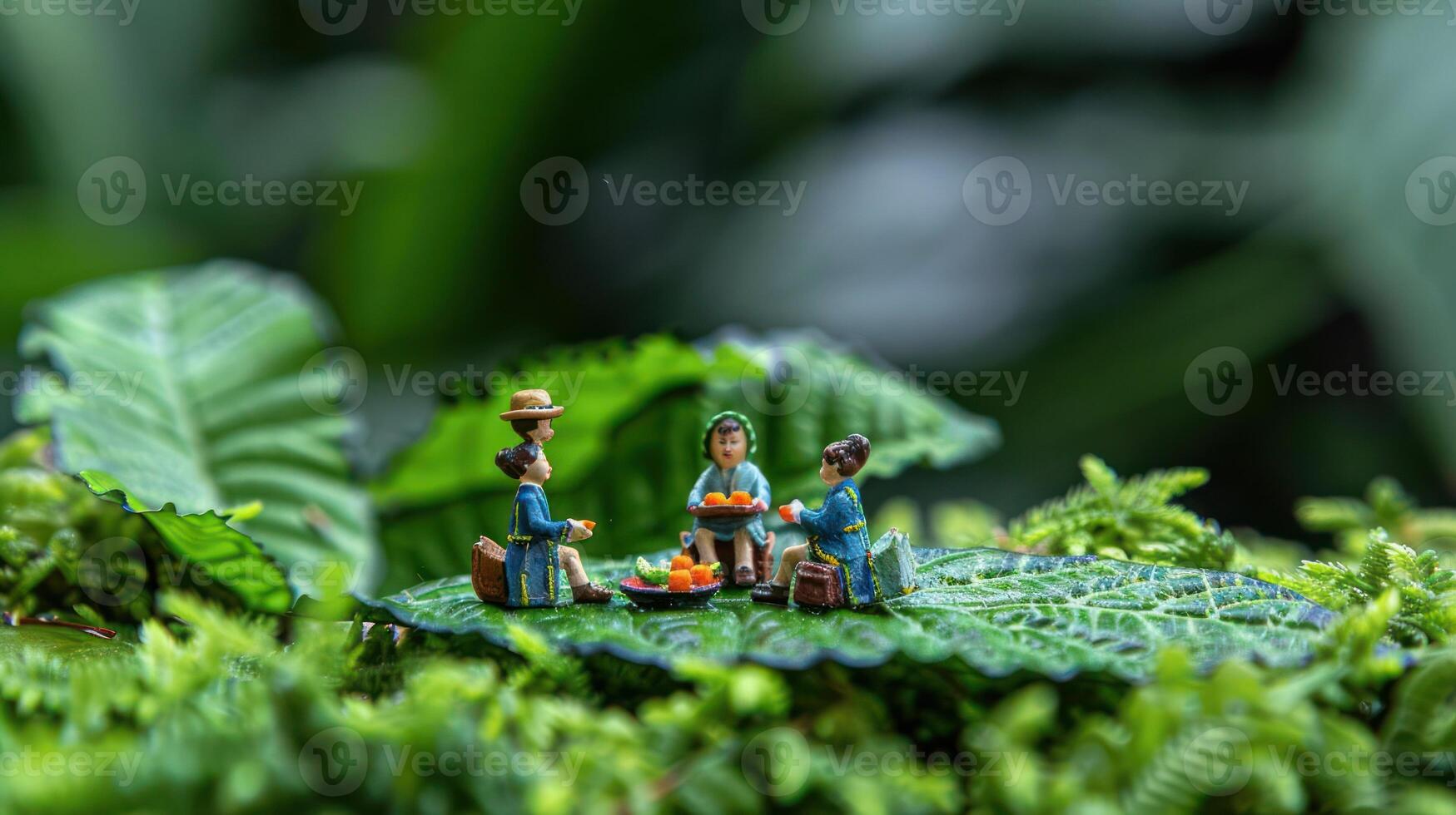 Miniature figures enjoying a picnic on lush green leaves amidst a vibrant natural background photo