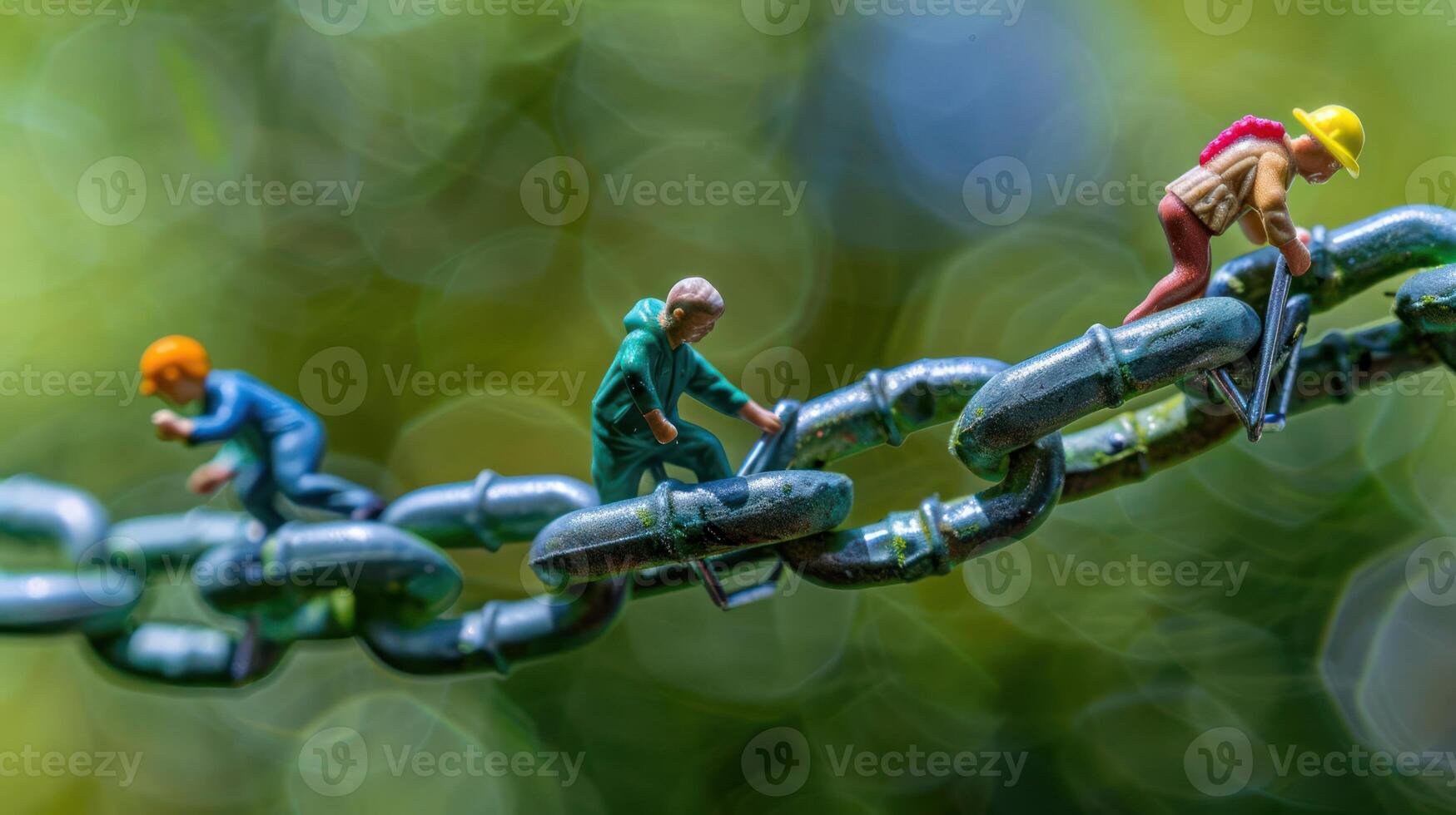Miniature figures working on a giant chain amidst a blurred natural background, symbolizing teamwork photo