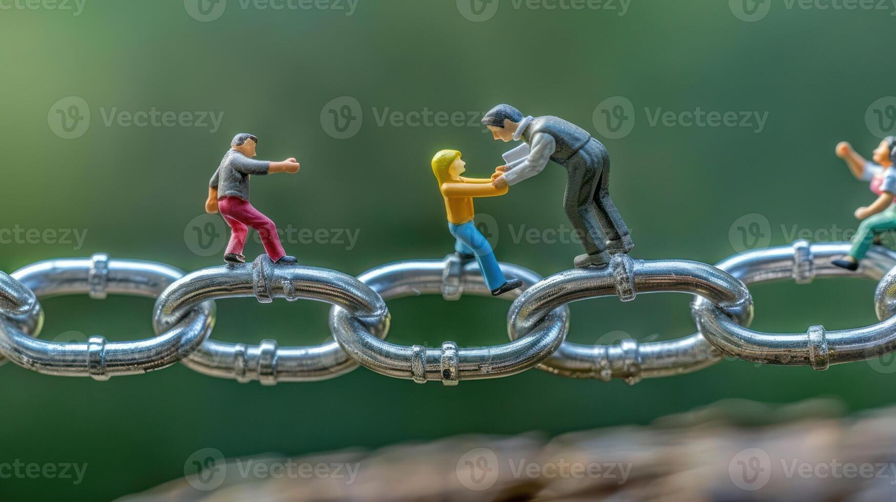 Miniature figures navigating a shiny chain, symbolizing teamwork and connection in nature photo