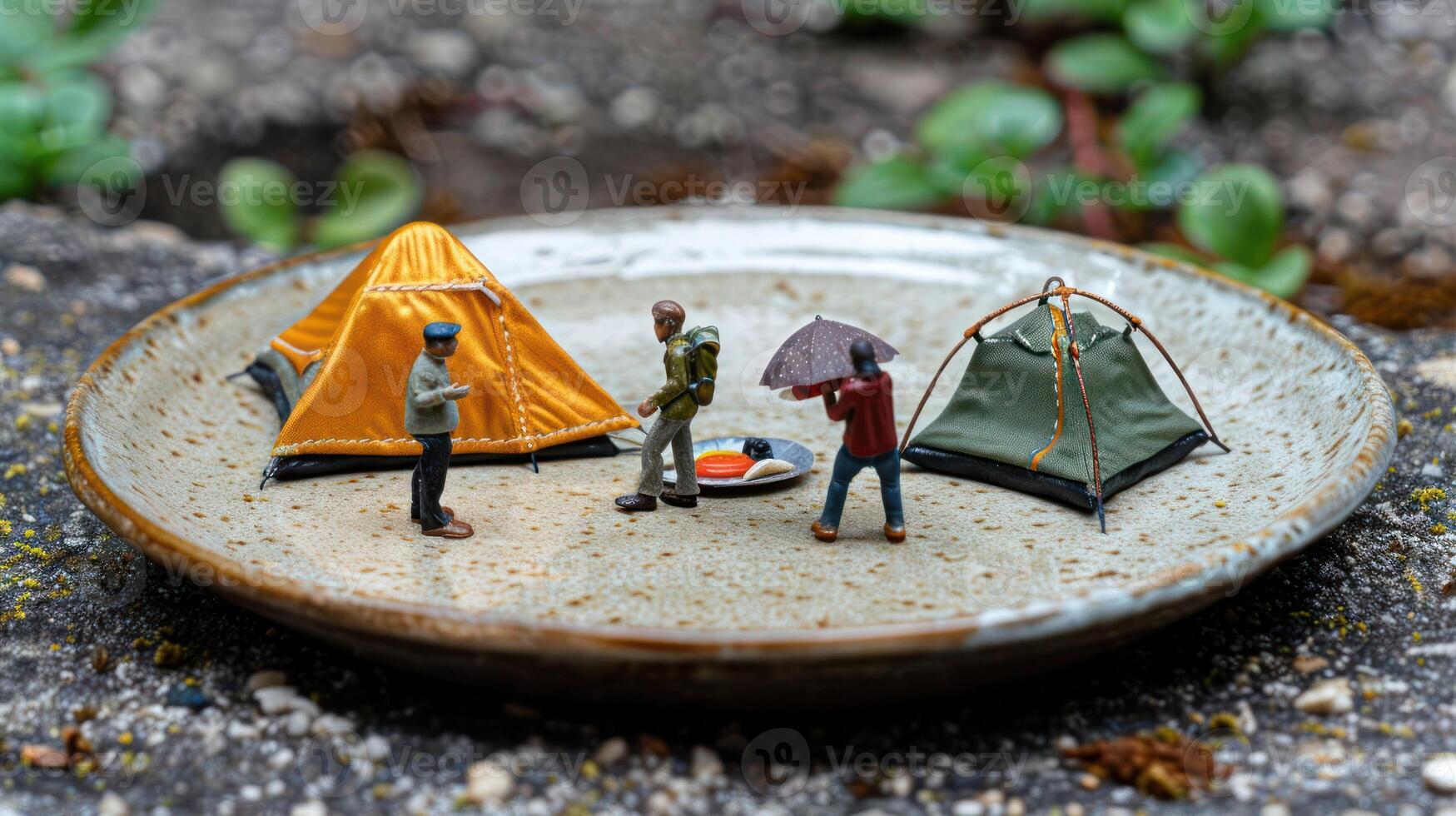 Miniature camping scene with tents and figures on a textured plate surrounded by greenery photo