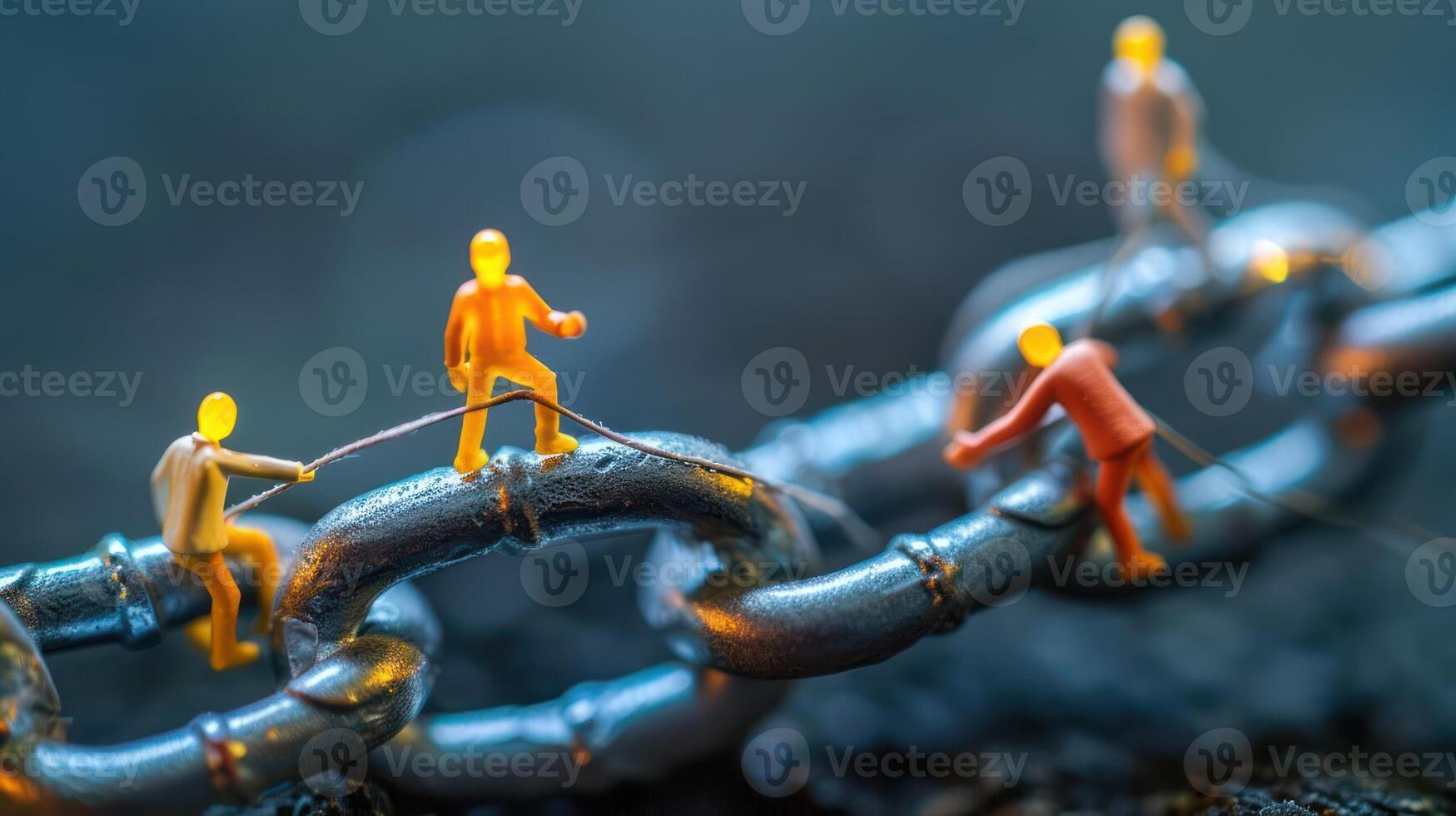 Miniature figures pulling on a metallic chain, symbolizing teamwork and collaboration in action photo