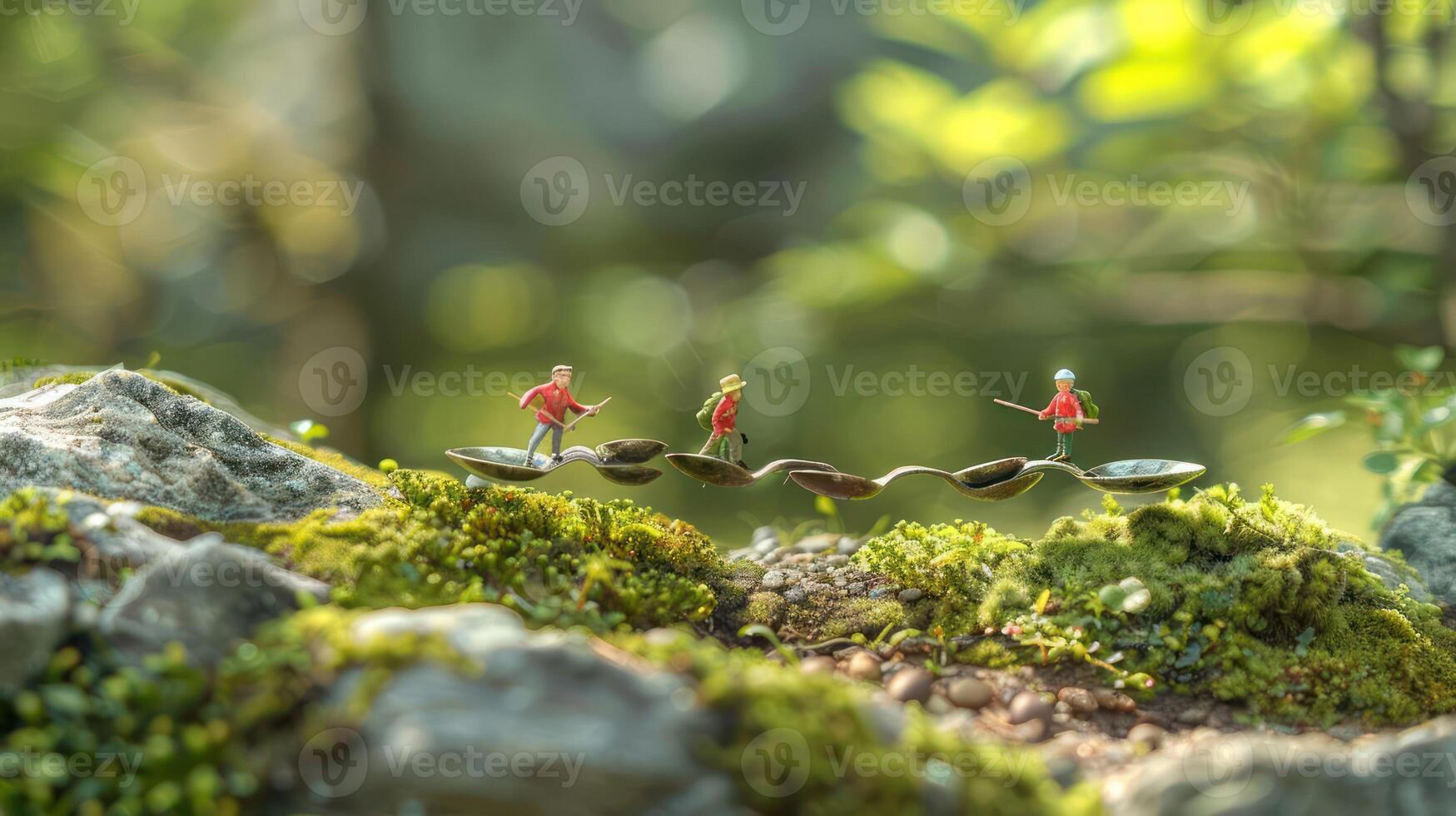 Miniature figures balancing on leaves in a lush forest, showcasing teamwork and nature's beauty photo
