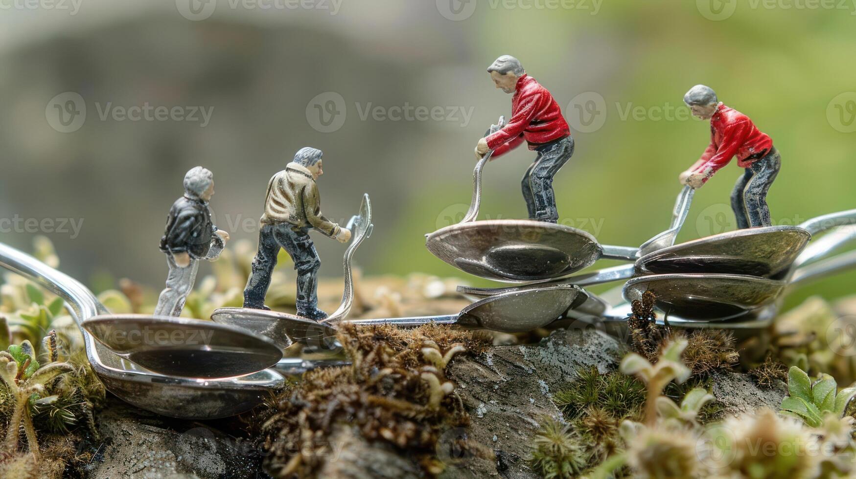 Miniature figures engaging in a whimsical construction scene on spoons amidst a natural backdrop photo