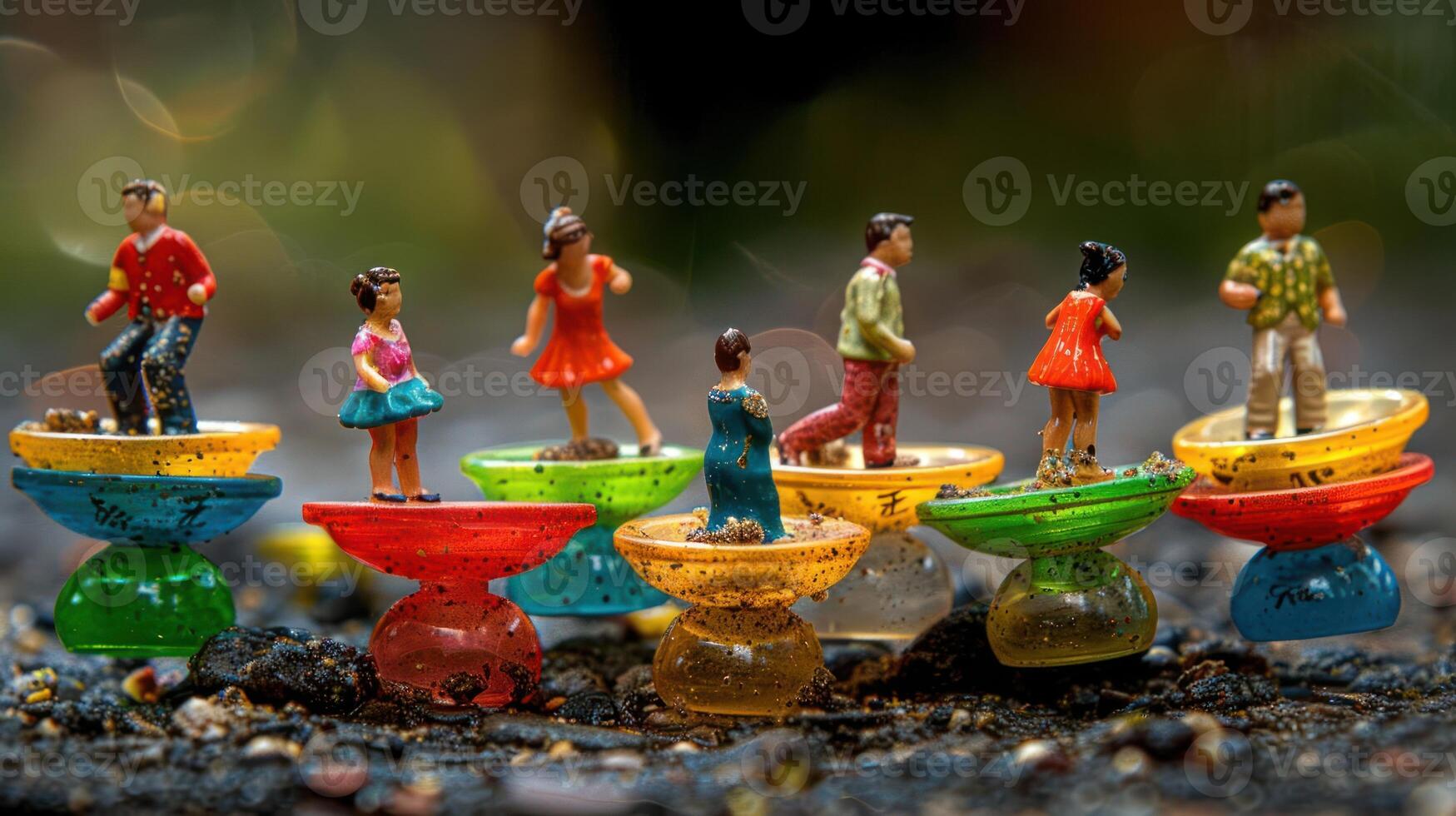 Miniature figures dancing on colorful bowls in a rain-soaked outdoor setting with blurred background photo