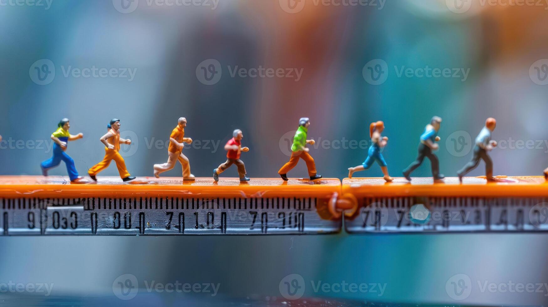 Miniature figures running along a measuring tape with a blurred colorful background photo